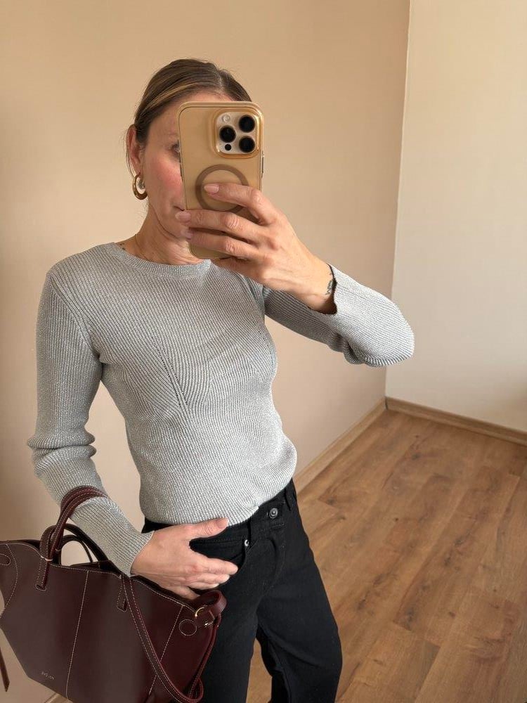 Açık Gri Simli Triko Kumaş Body