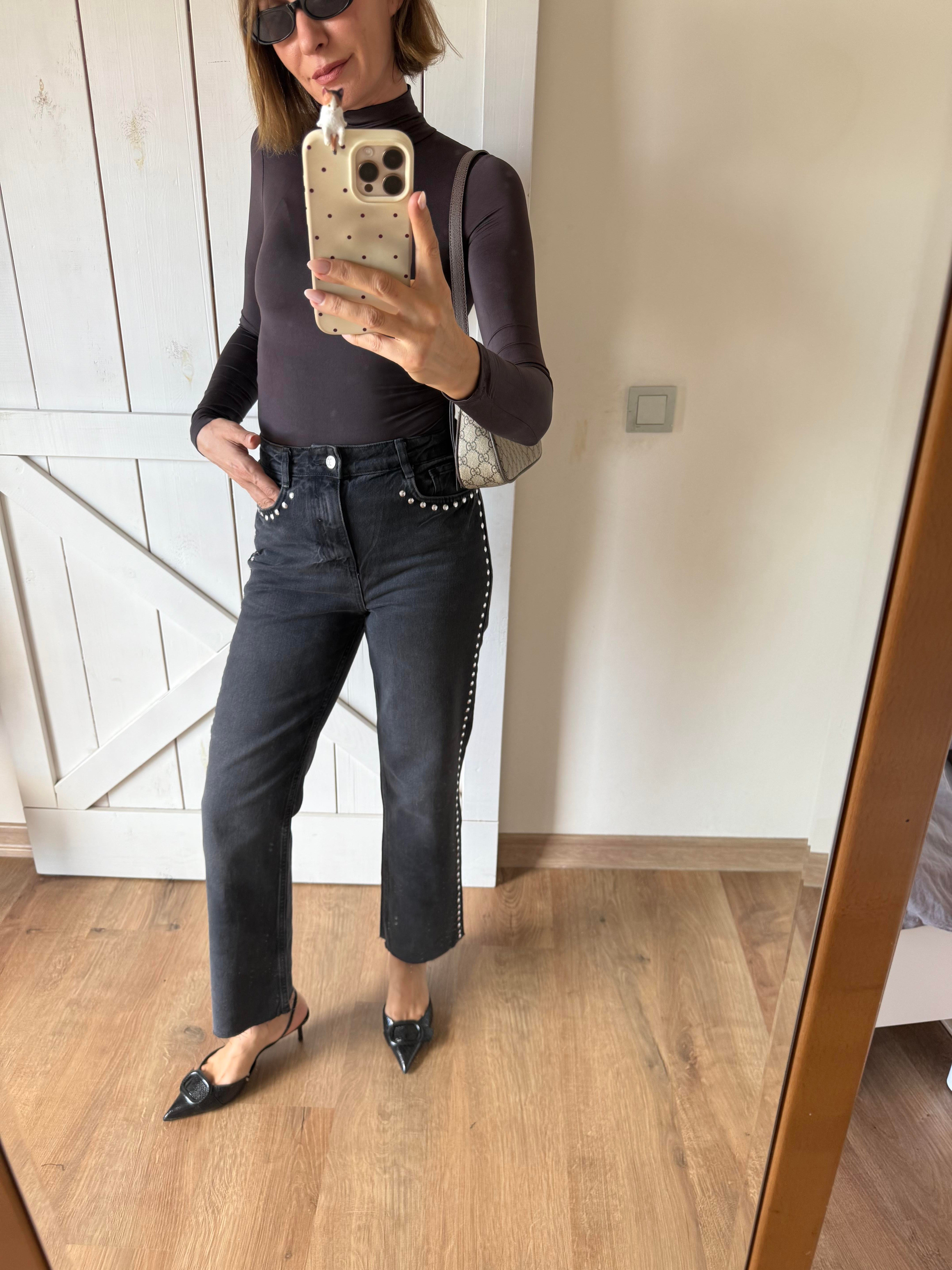 Antrasit Zımba Detaylı Yüksek Bel Palazzo Denim Pantolon