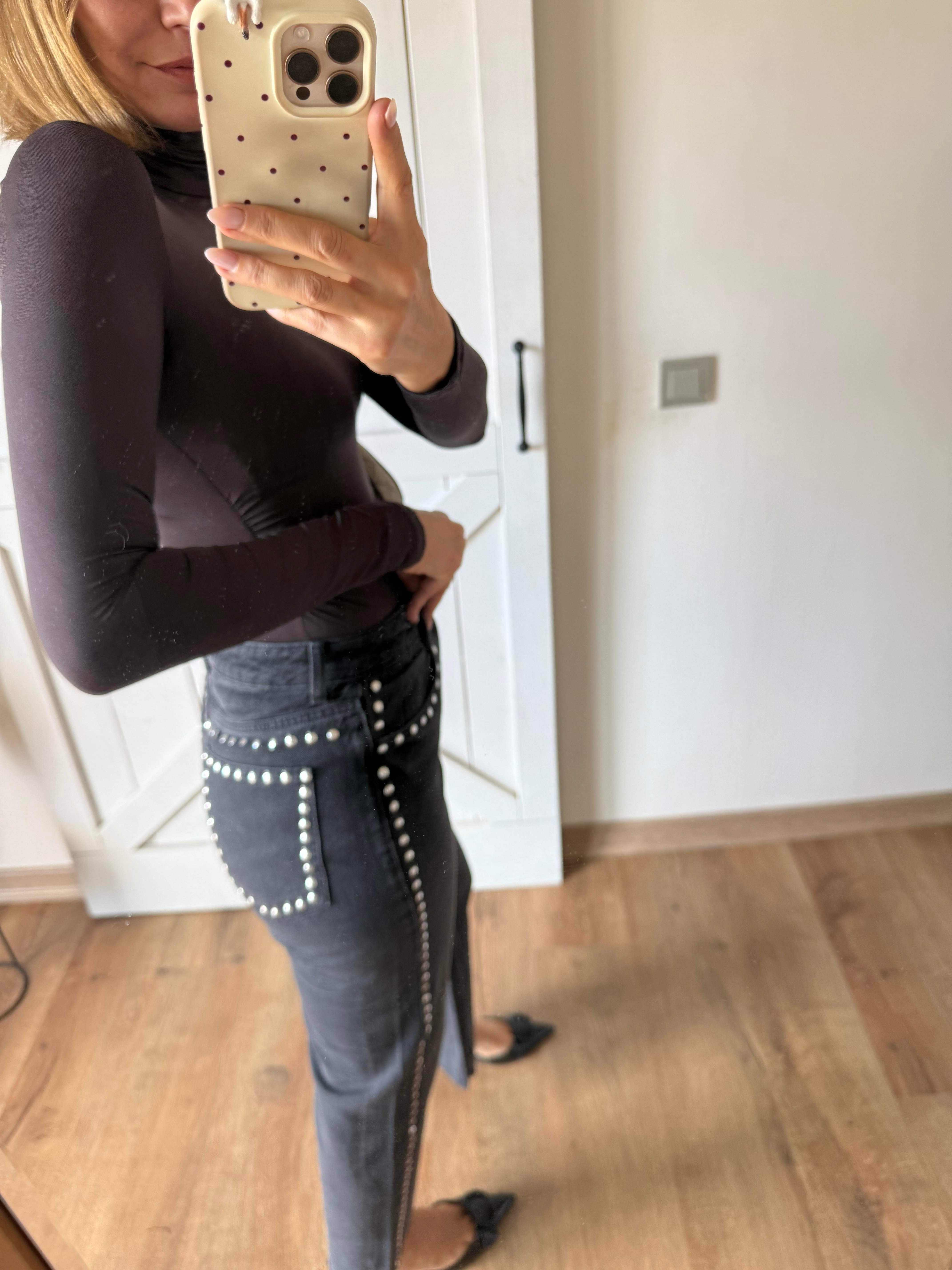 Antrasit Zımba Detaylı Yüksek Bel Palazzo Denim Pantolon