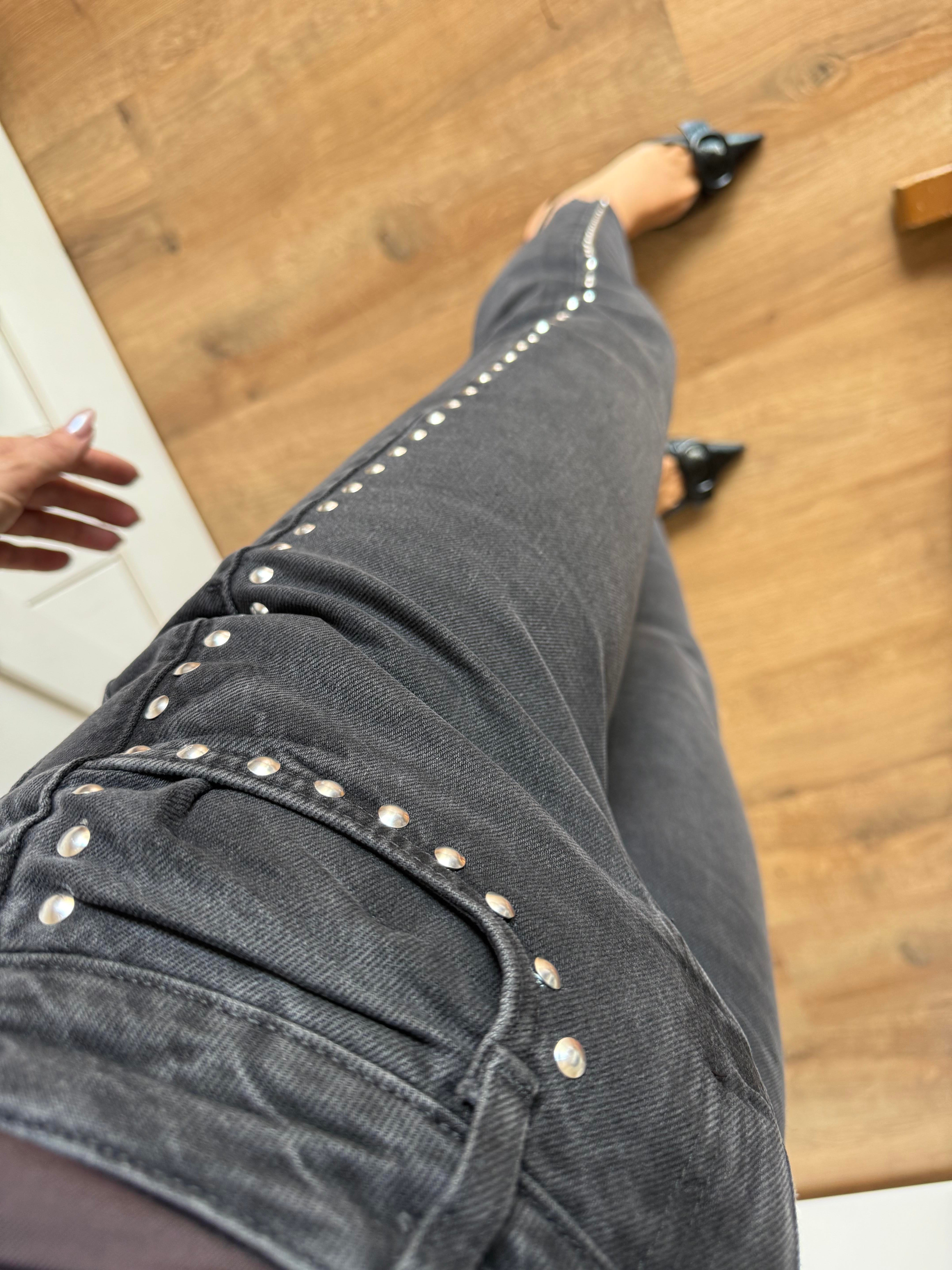 Antrasit Zımba Detaylı Yüksek Bel Palazzo Denim Pantolon