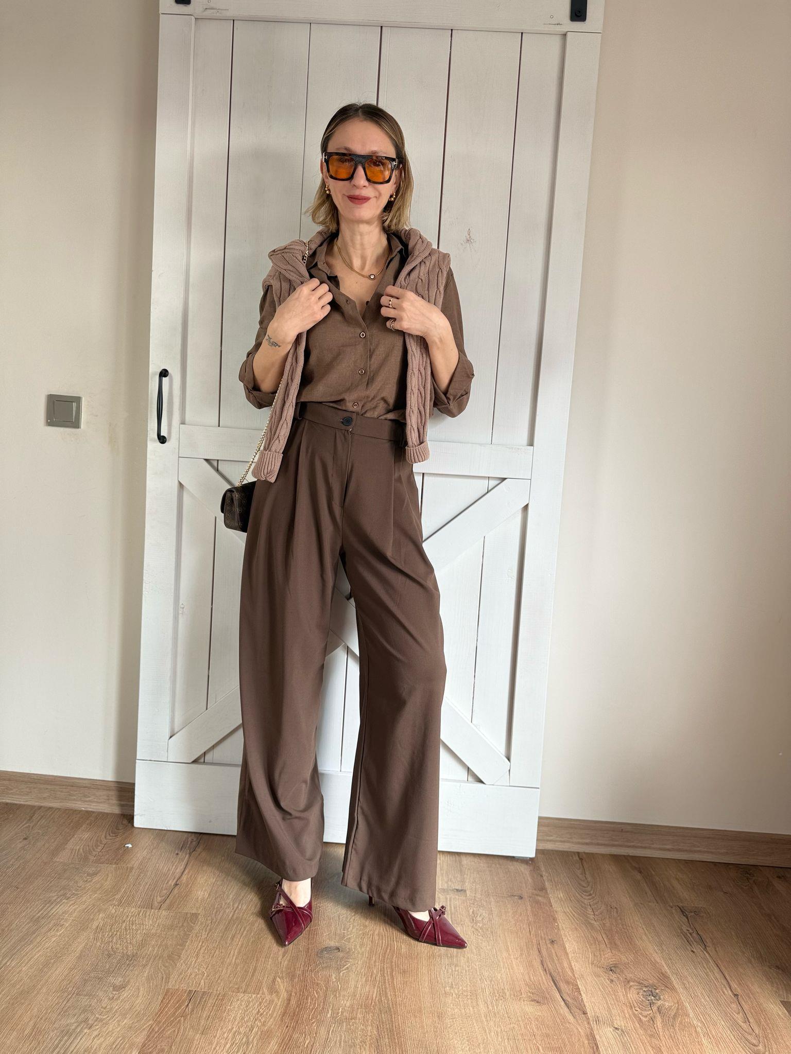 Ara Biye Detaylı Kahverengi Kumaş Kadın Pantolon