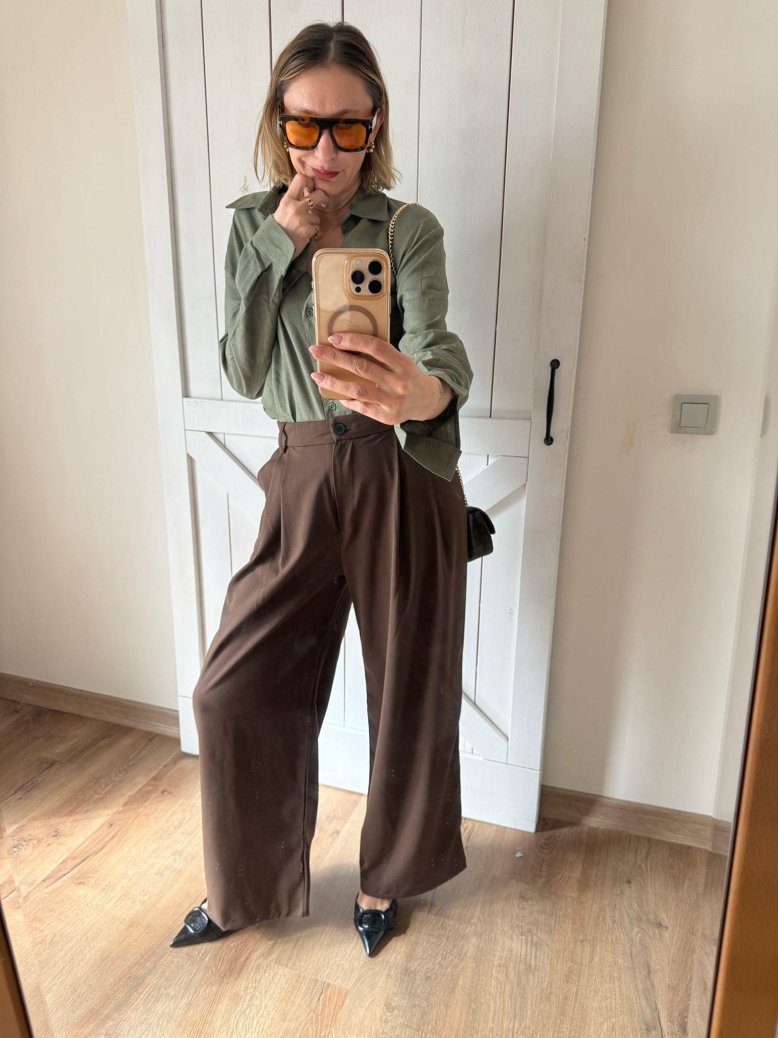 Ara Biye Detaylı Kahverengi Kumaş Kadın Pantolon