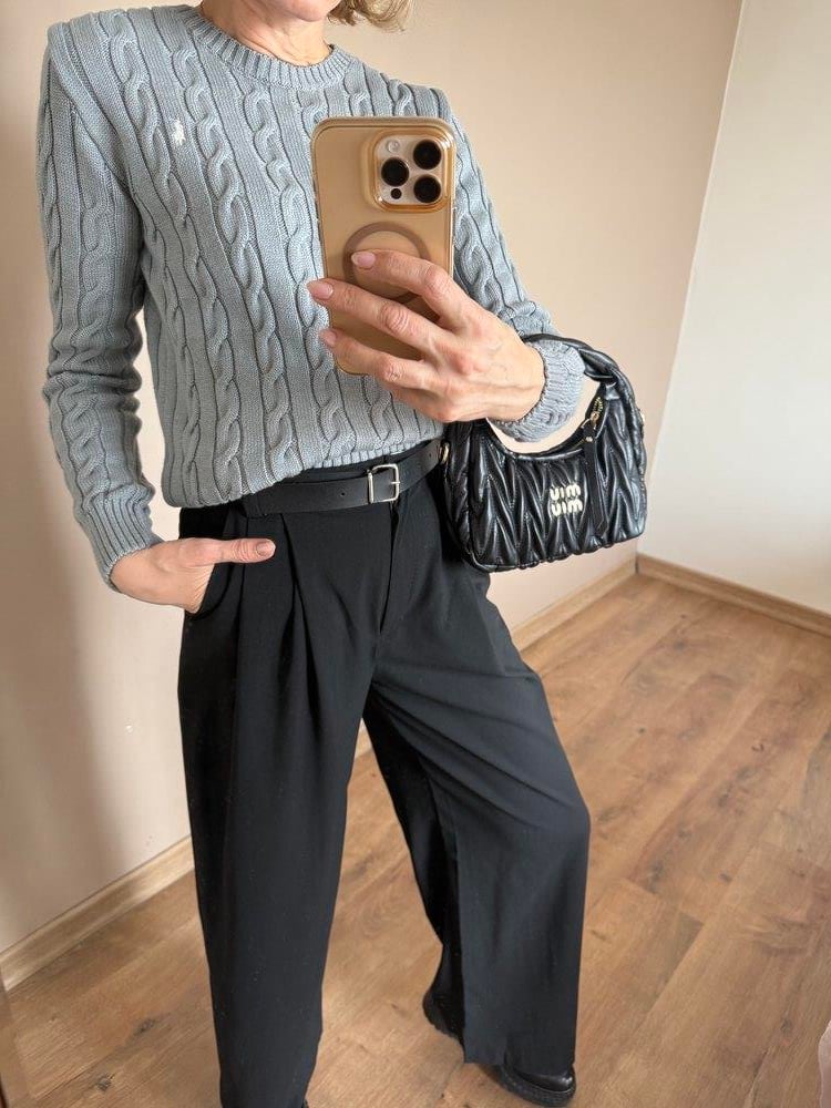 Ara Biye Detaylı  Siyah Palazzo Kadın Pantolon 