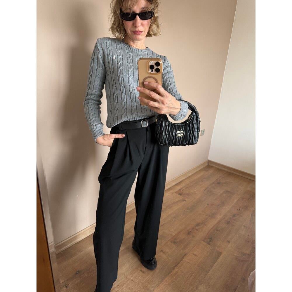 Ara Biye Detaylı  Siyah Palazzo Kadın Pantolon 