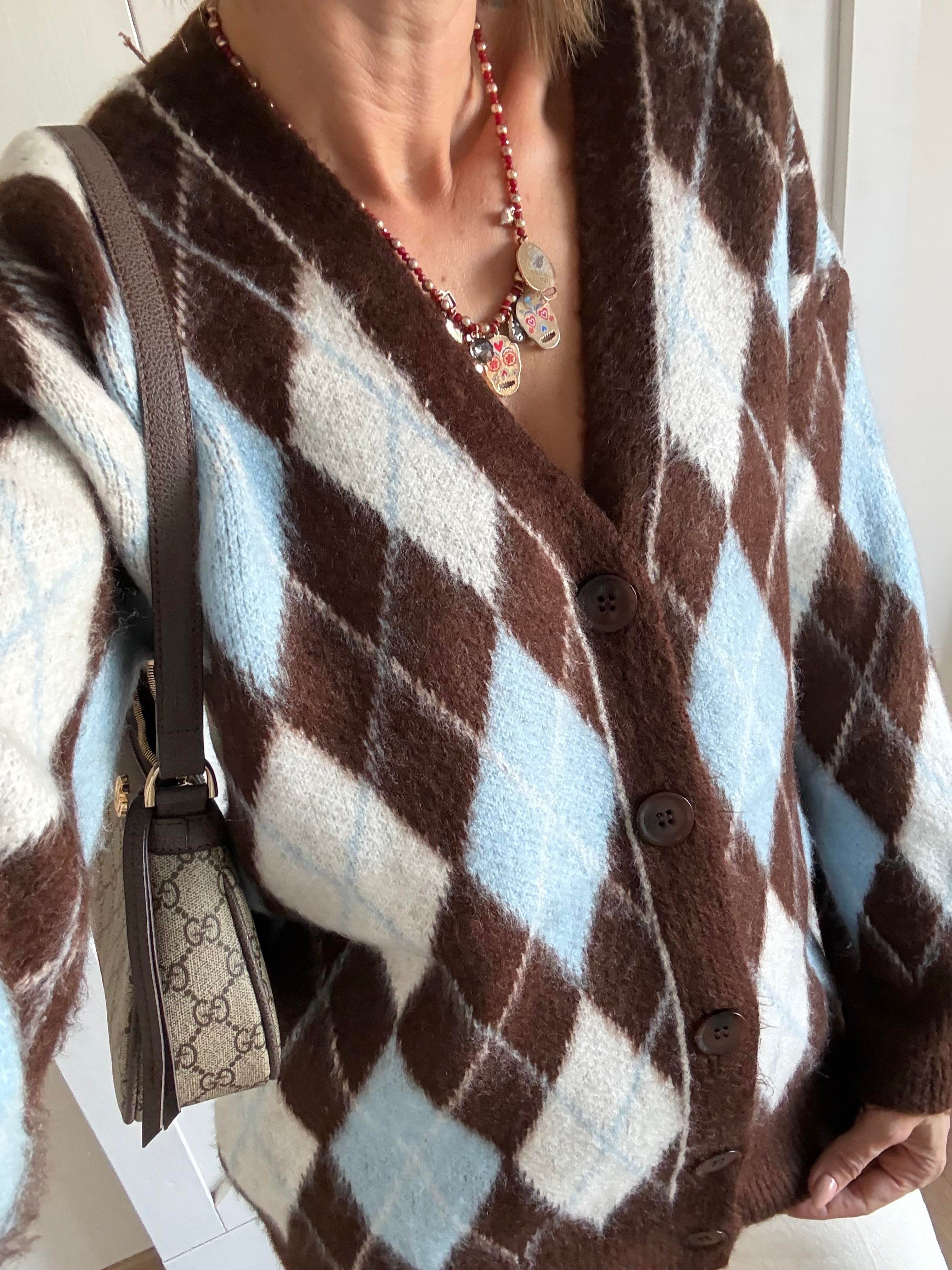 Baklava Dilimli Mavi Kahve Yumoş Hırka