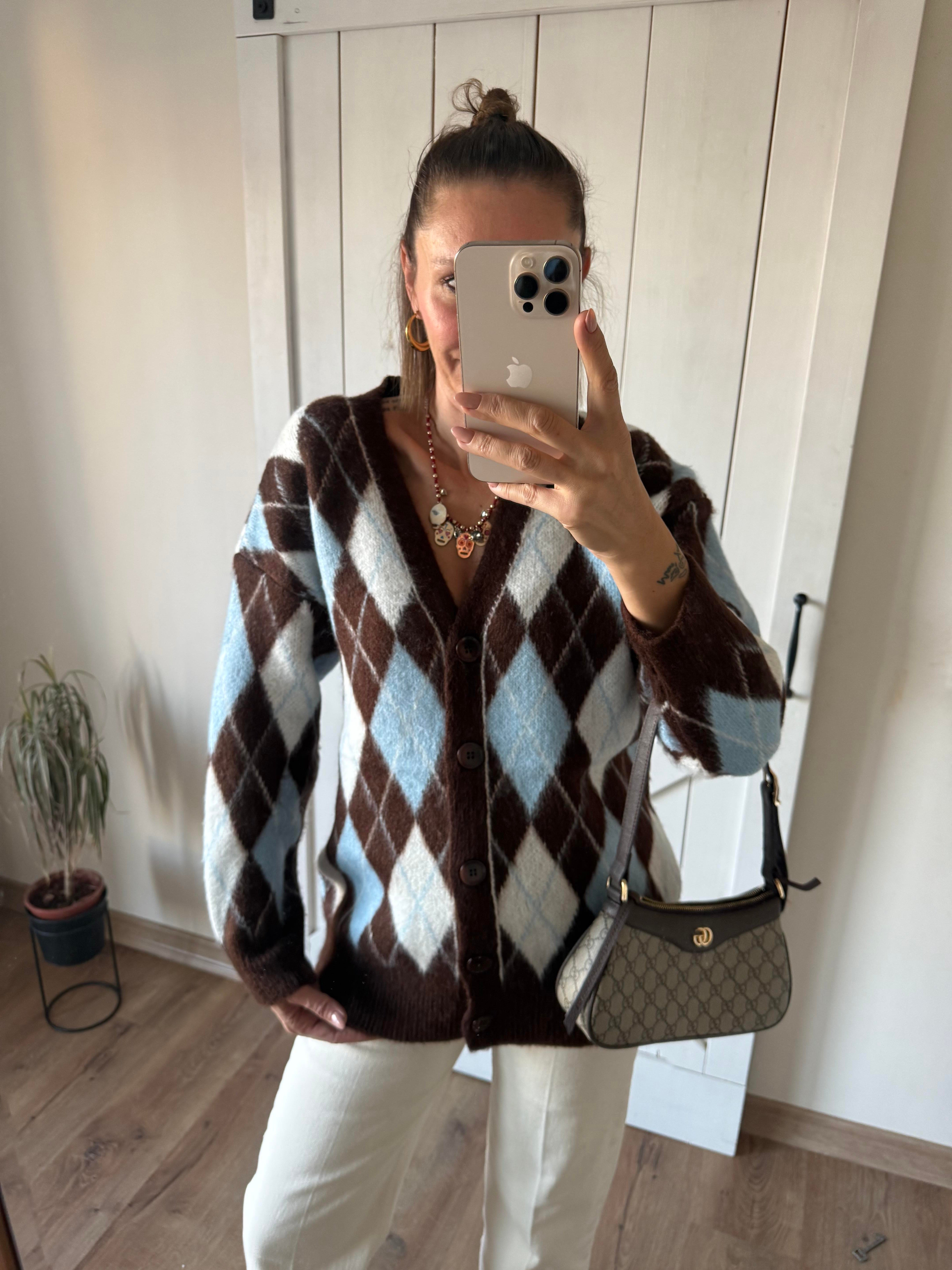 Baklava Dilimli Mavi Kahve Yumoş Hırka