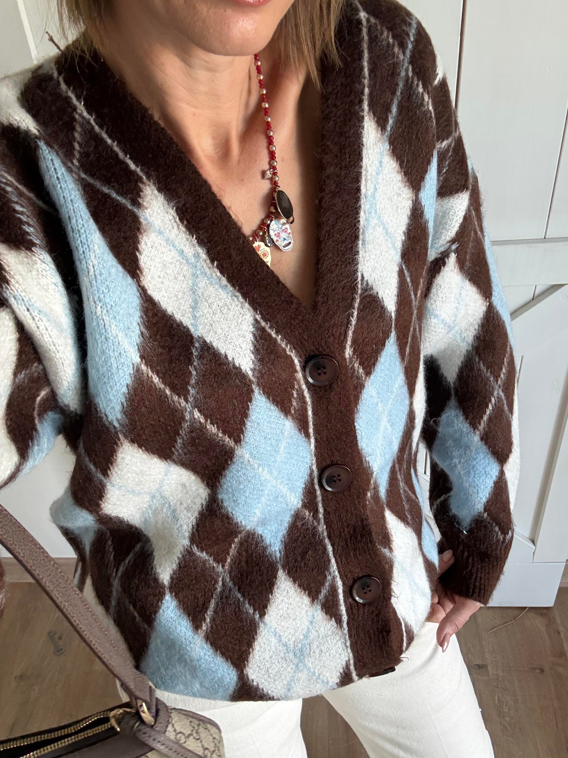 Baklava Dilimli Mavi Kahve Yumoş Hırka