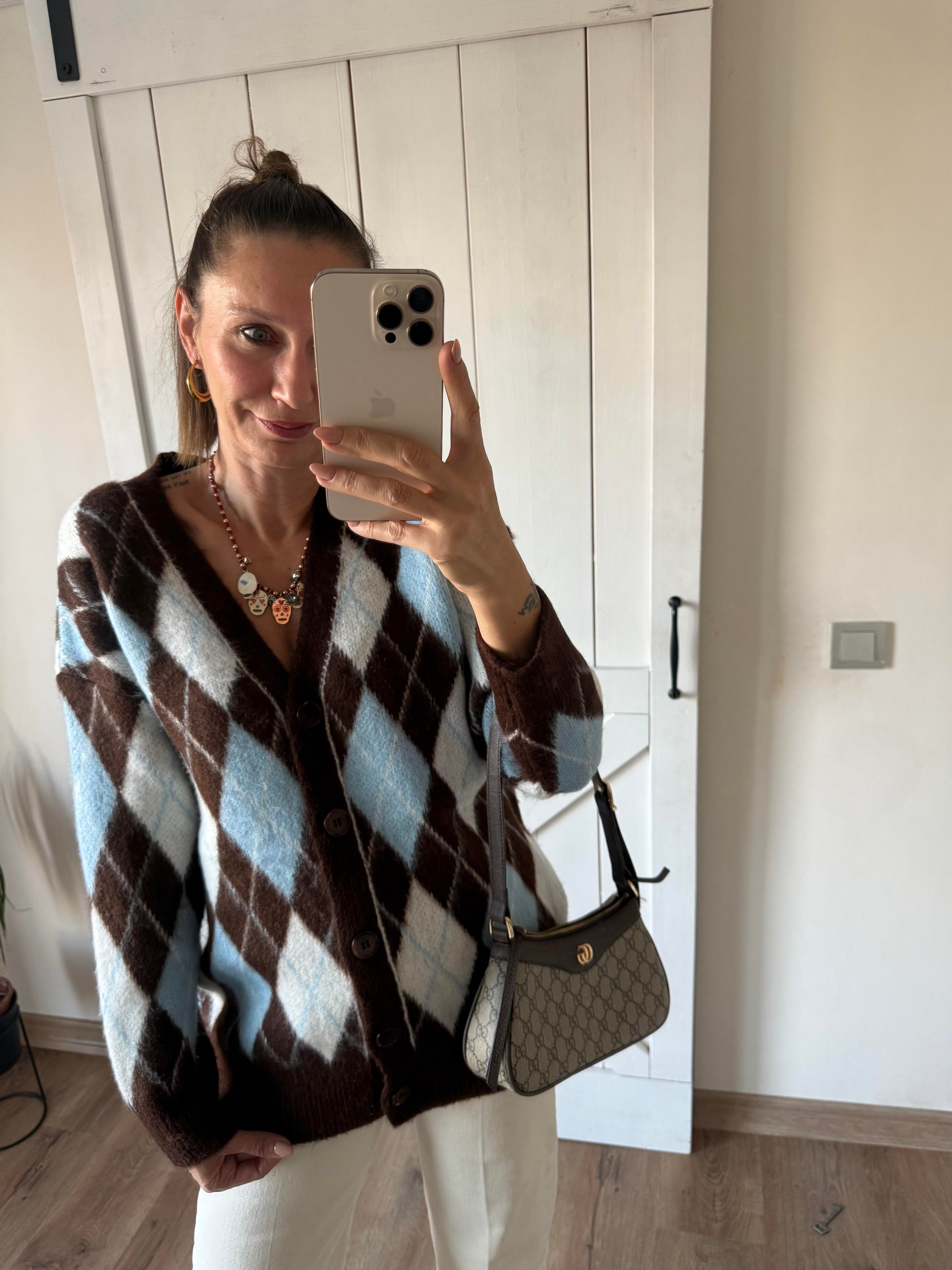 Baklava Dilimli Mavi Kahve Yumoş Hırka