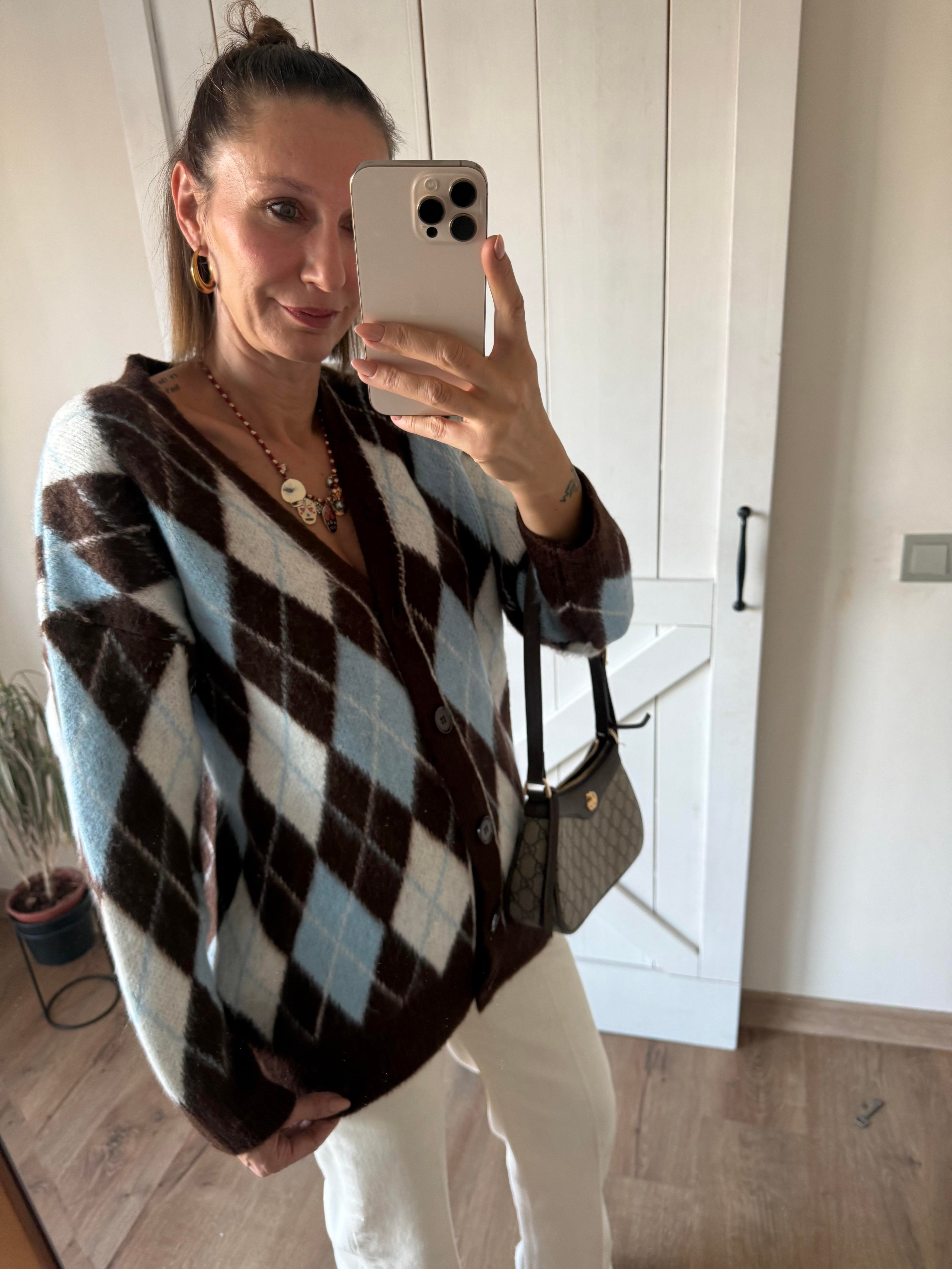 Baklava Dilimli Mavi Kahve Yumoş Hırka