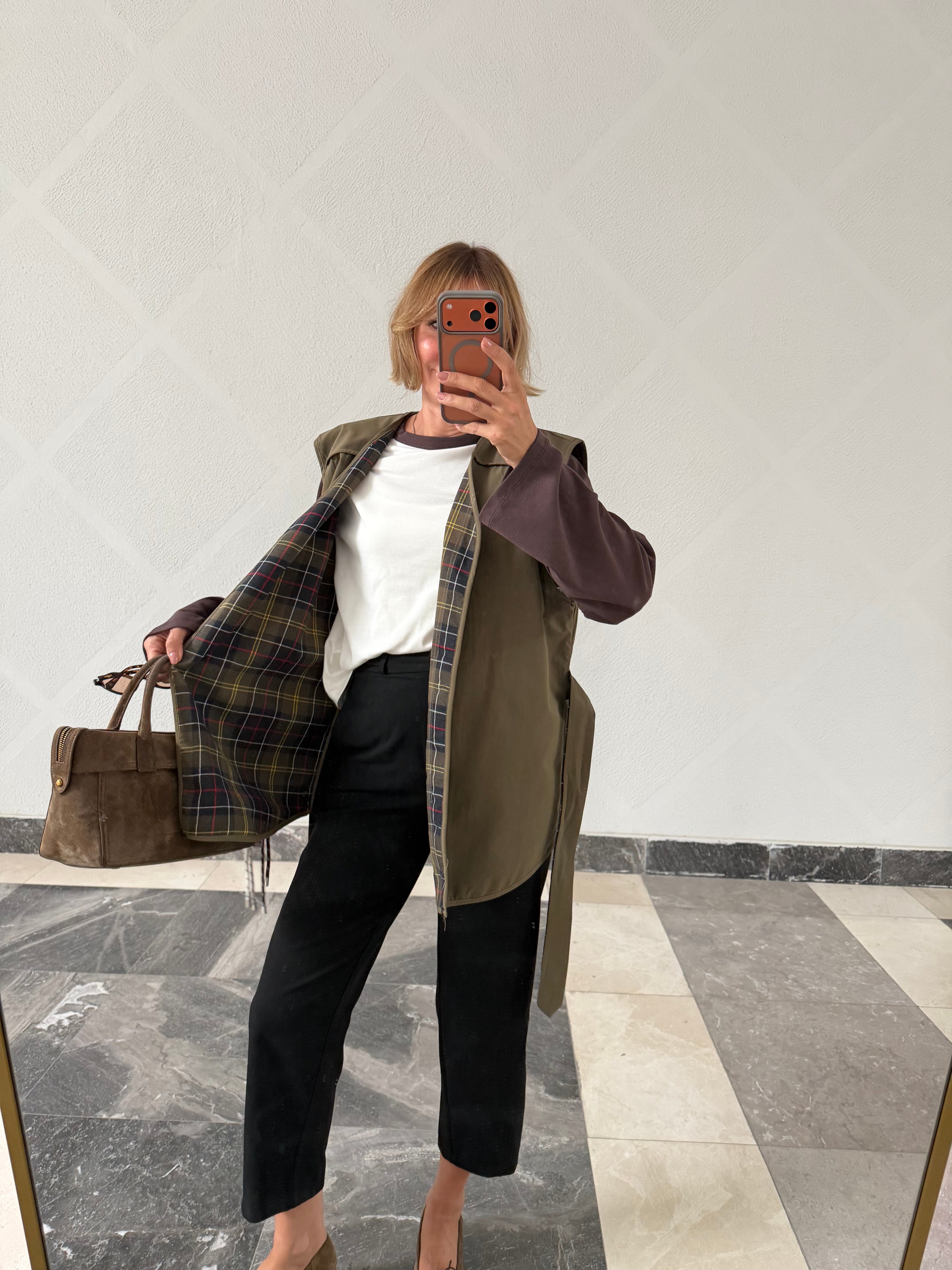 Barbur Model Haki İçi Ekoseli Bağlamalı Yelek