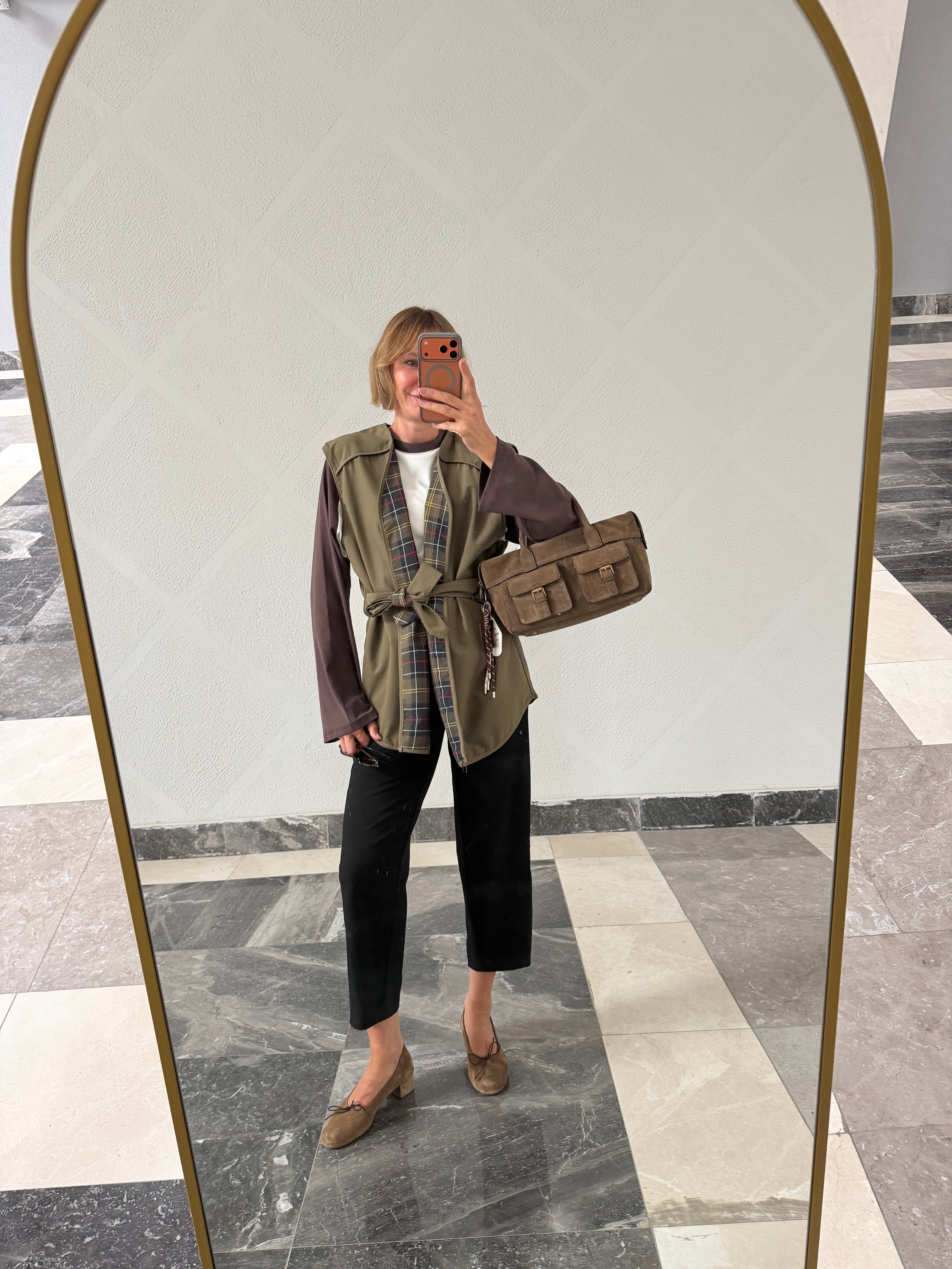 Barbur Model Haki İçi Ekoseli Bağlamalı Yelek