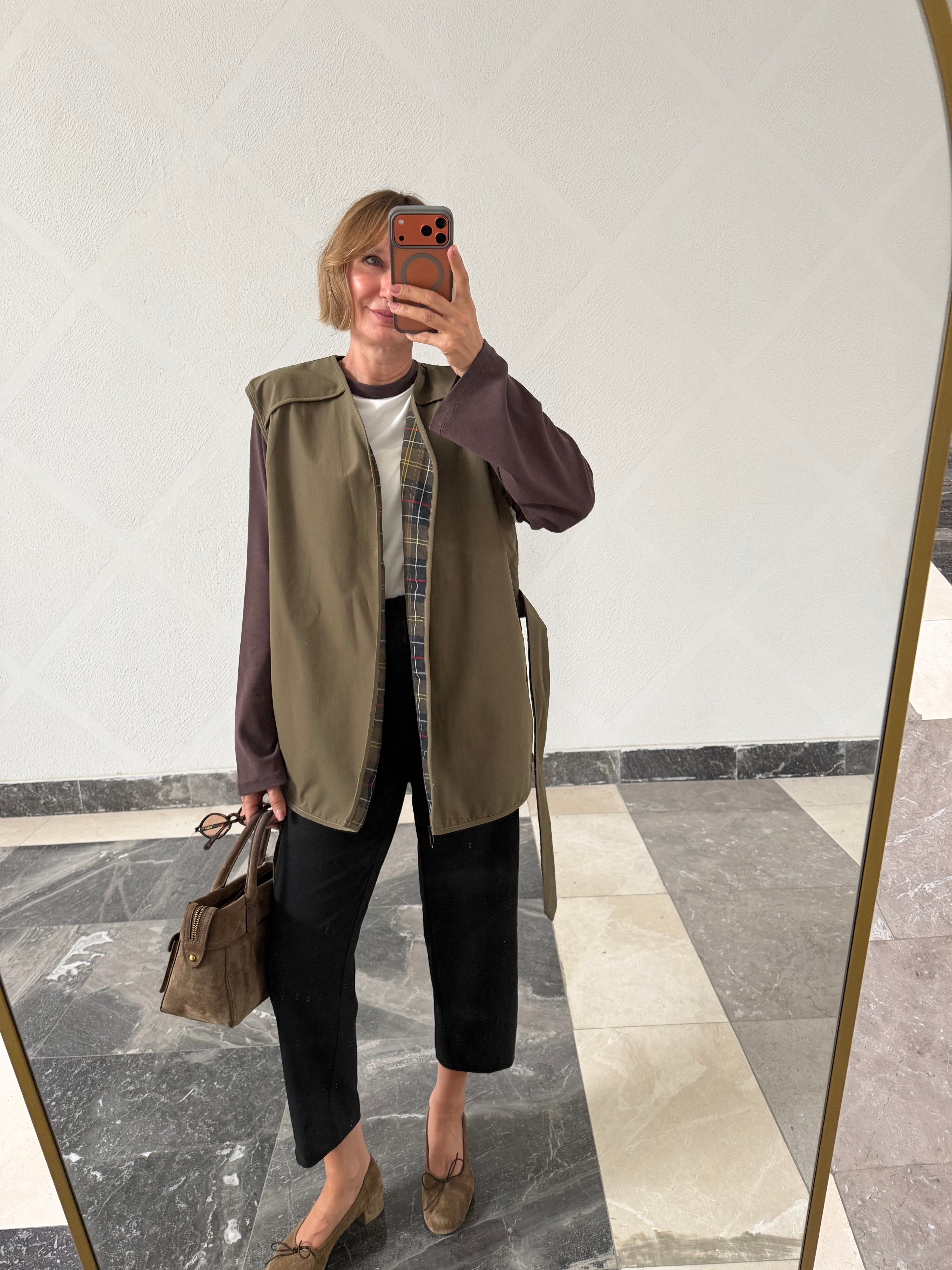 Barbur Model Haki İçi Ekoseli Bağlamalı Yelek