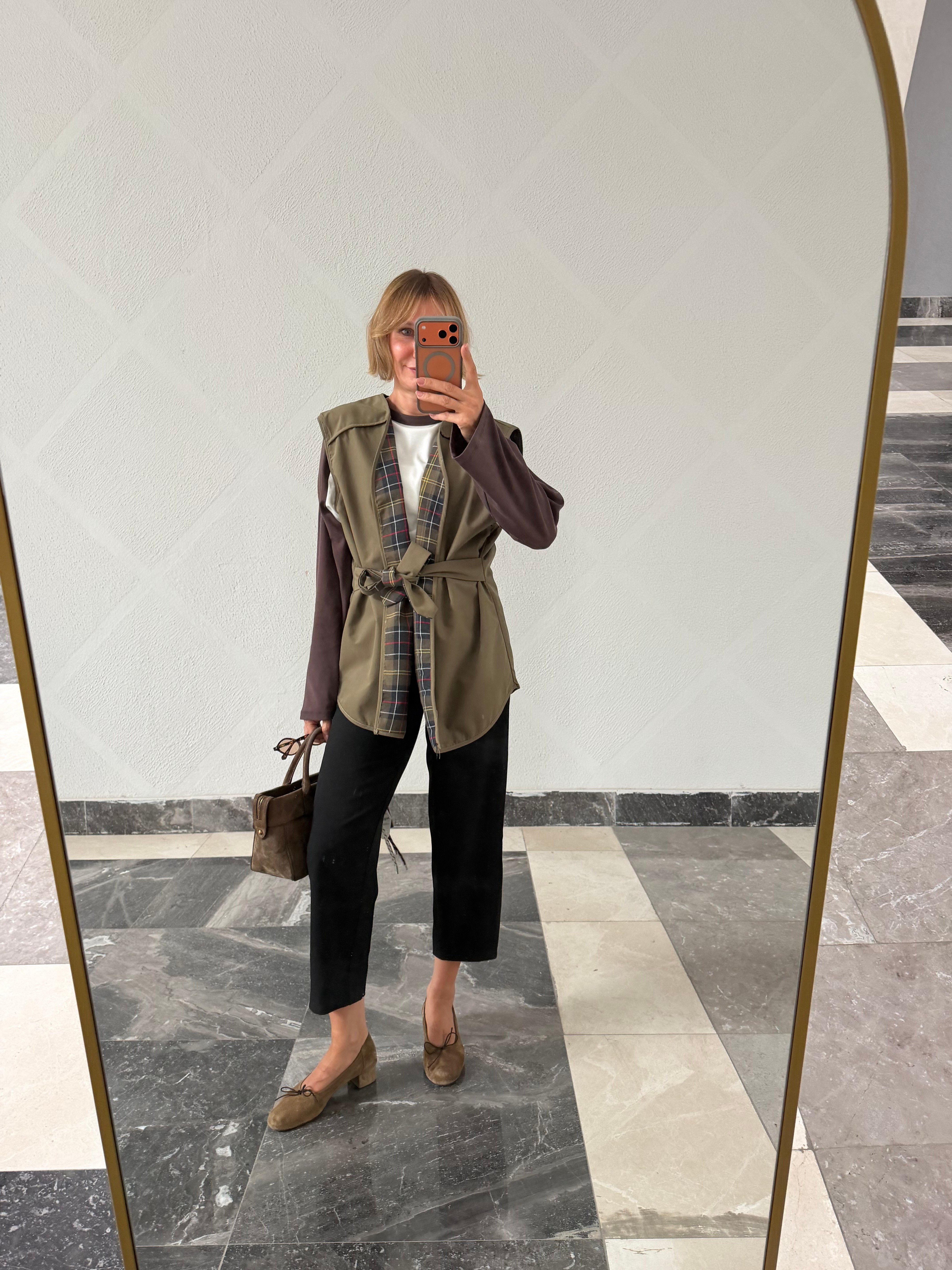 Barbur Model Haki İçi Ekoseli Bağlamalı Yelek