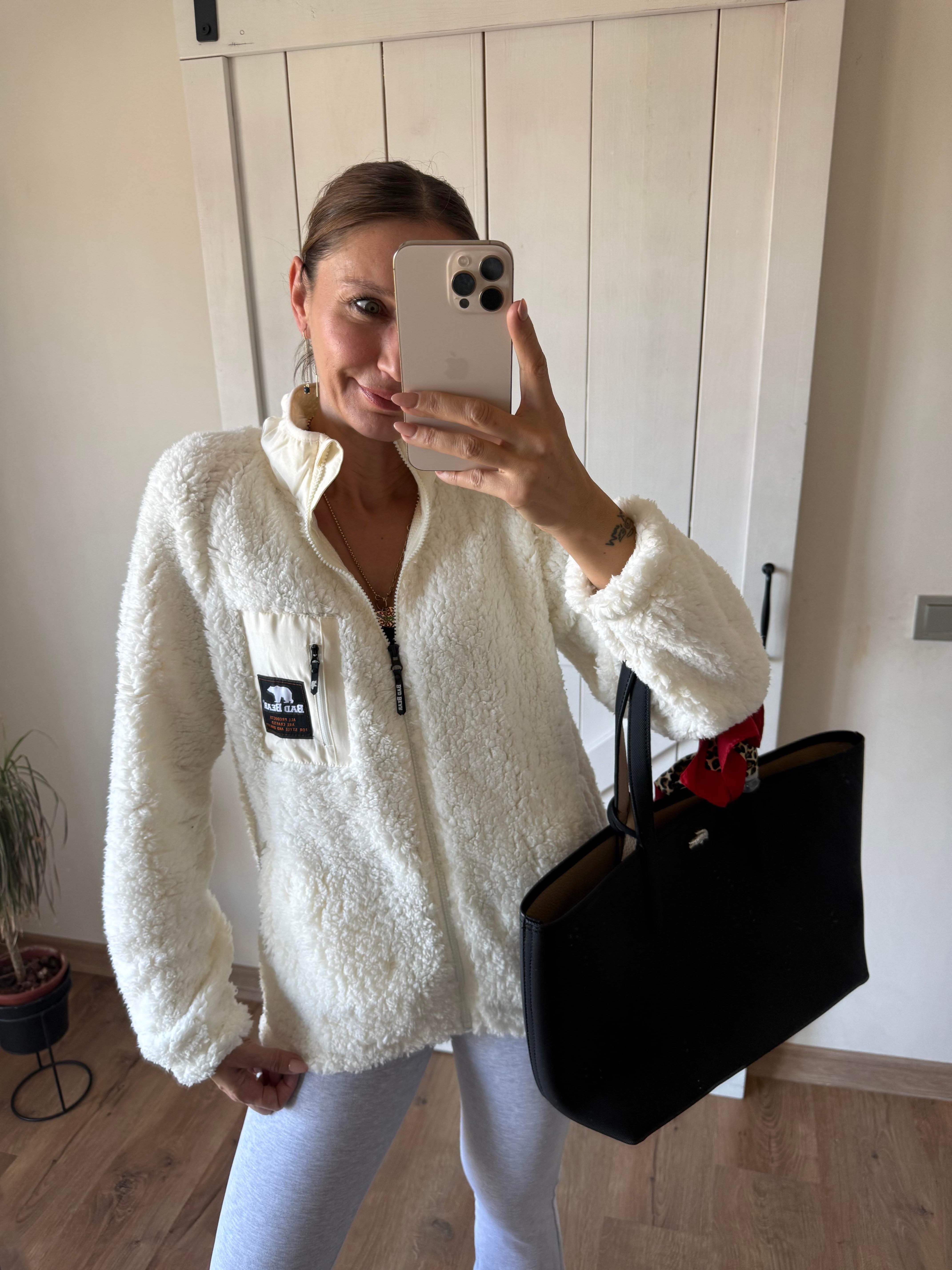 Bear Kırık Beyaz Fermuarlı Peluş Mont