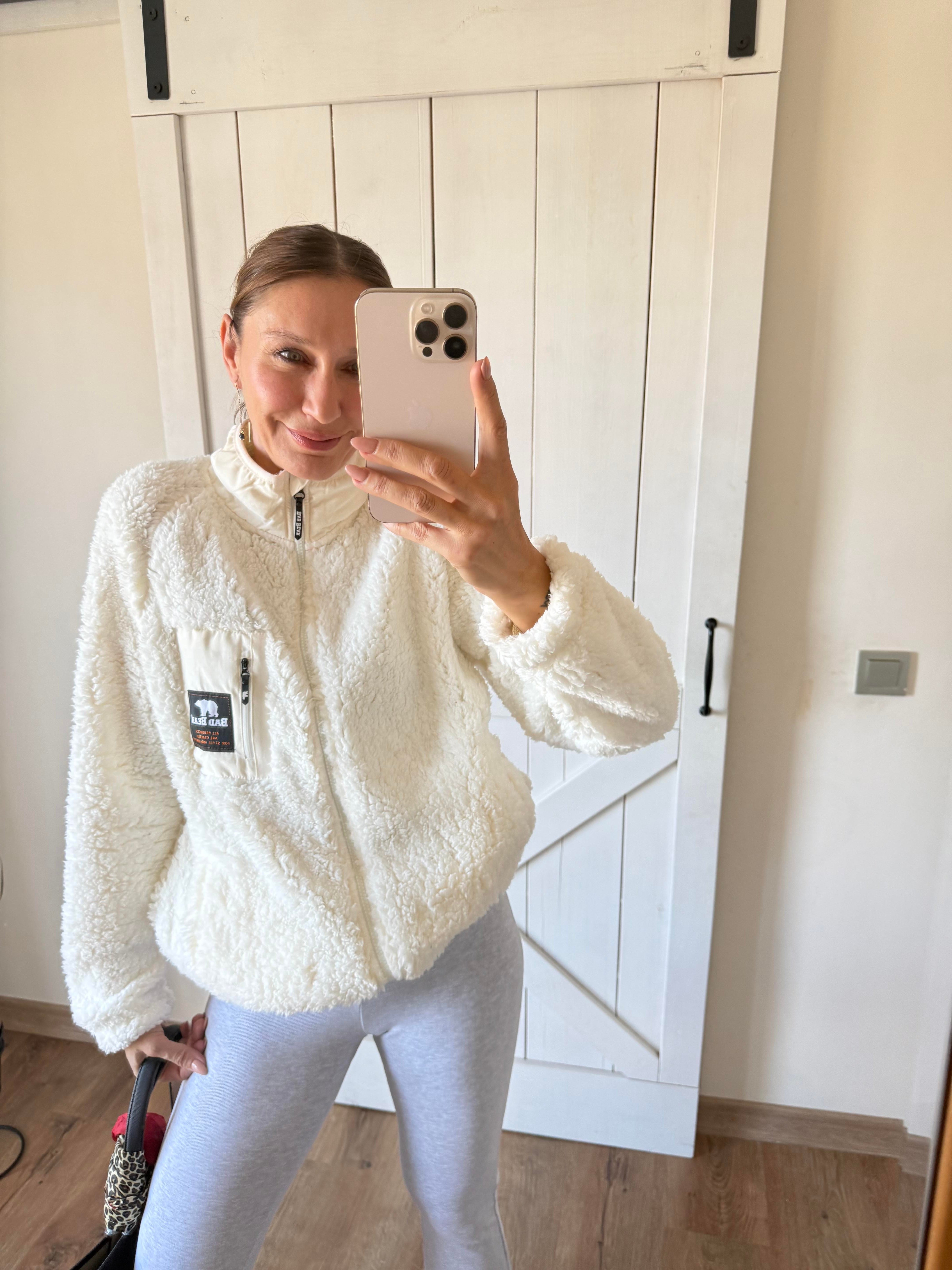 Bear Kırık Beyaz Fermuarlı Peluş Mont