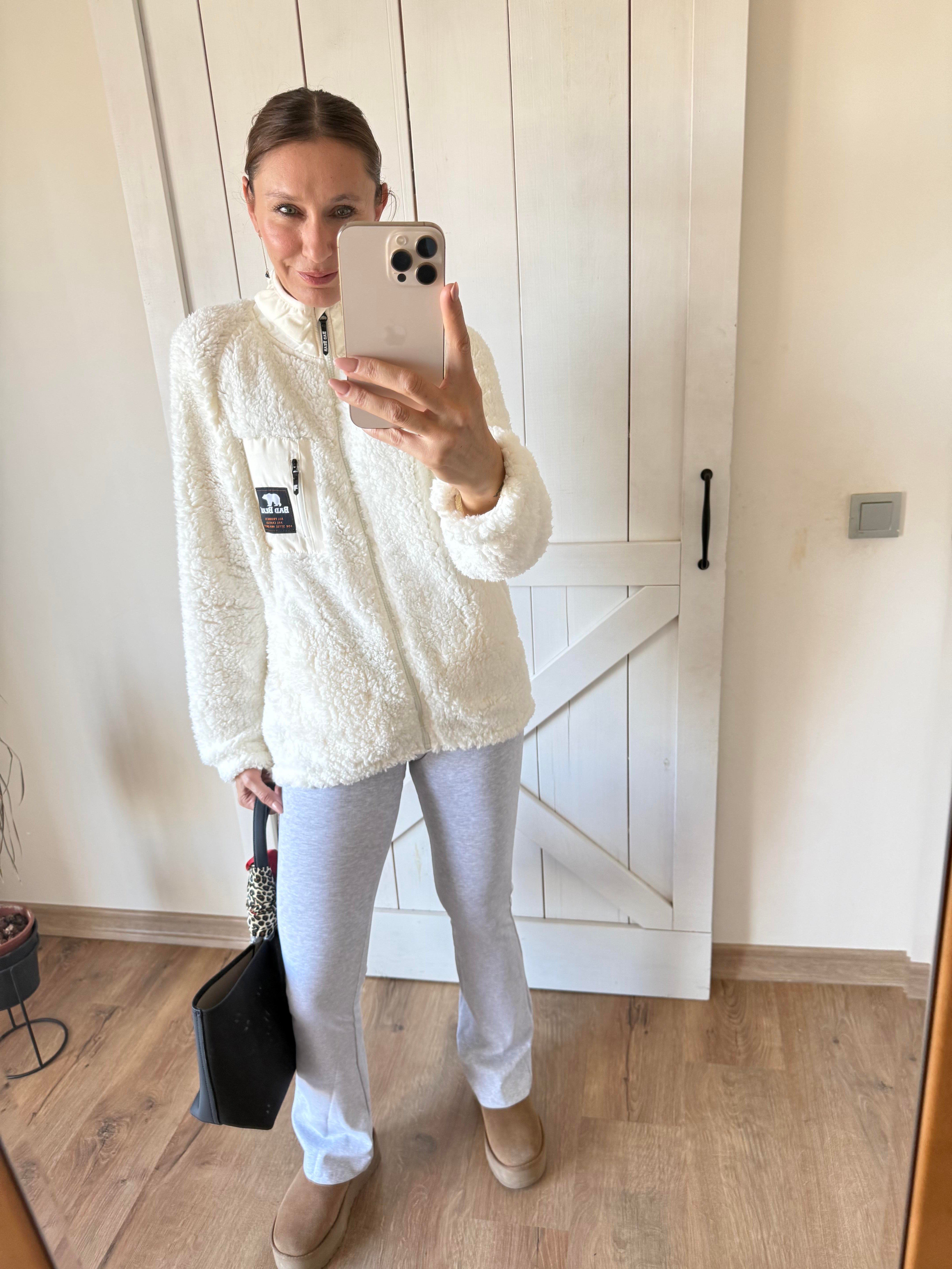 Bear Kırık Beyaz Fermuarlı Peluş Mont