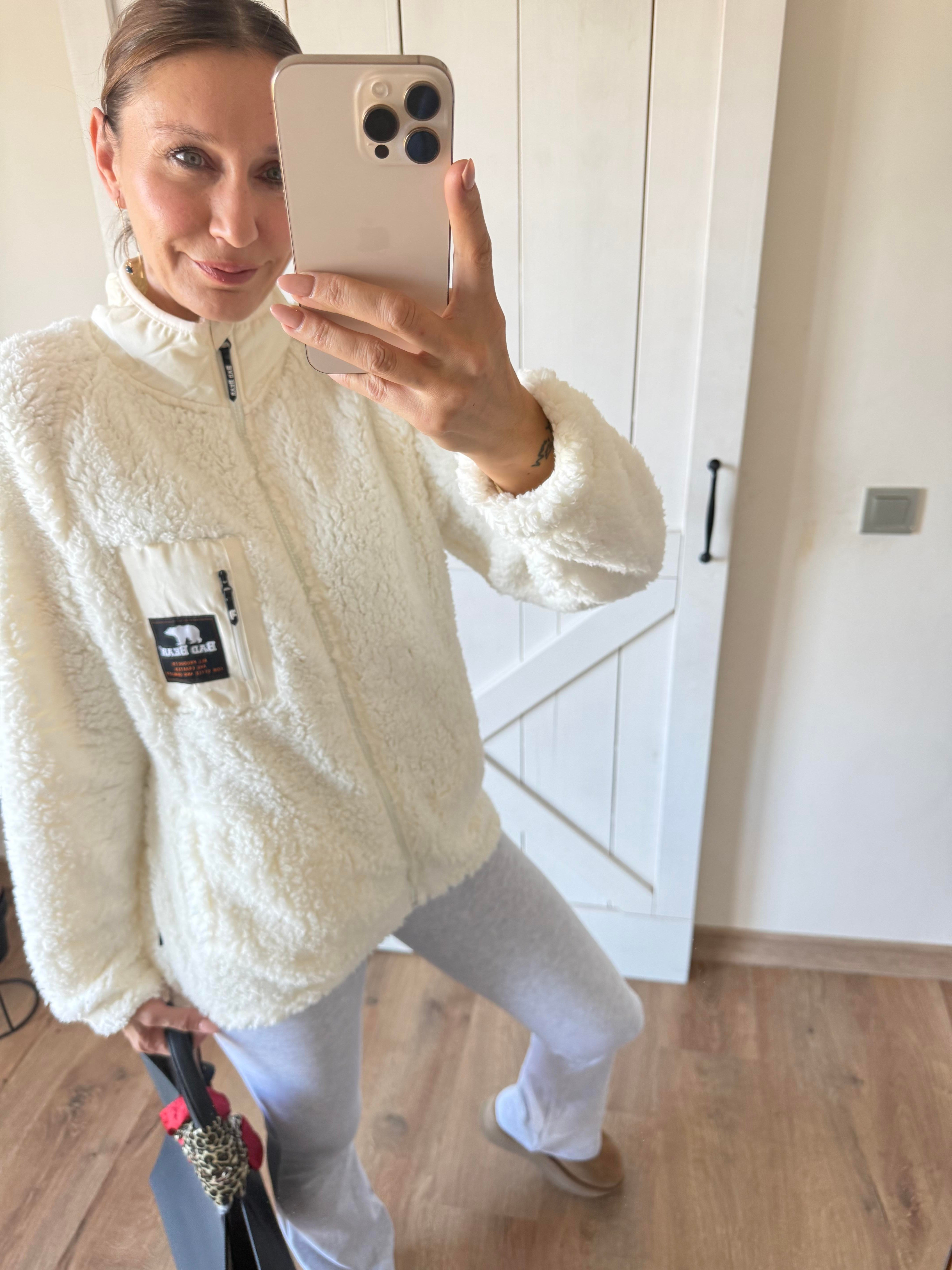 Bear Kırık Beyaz Fermuarlı Peluş Mont