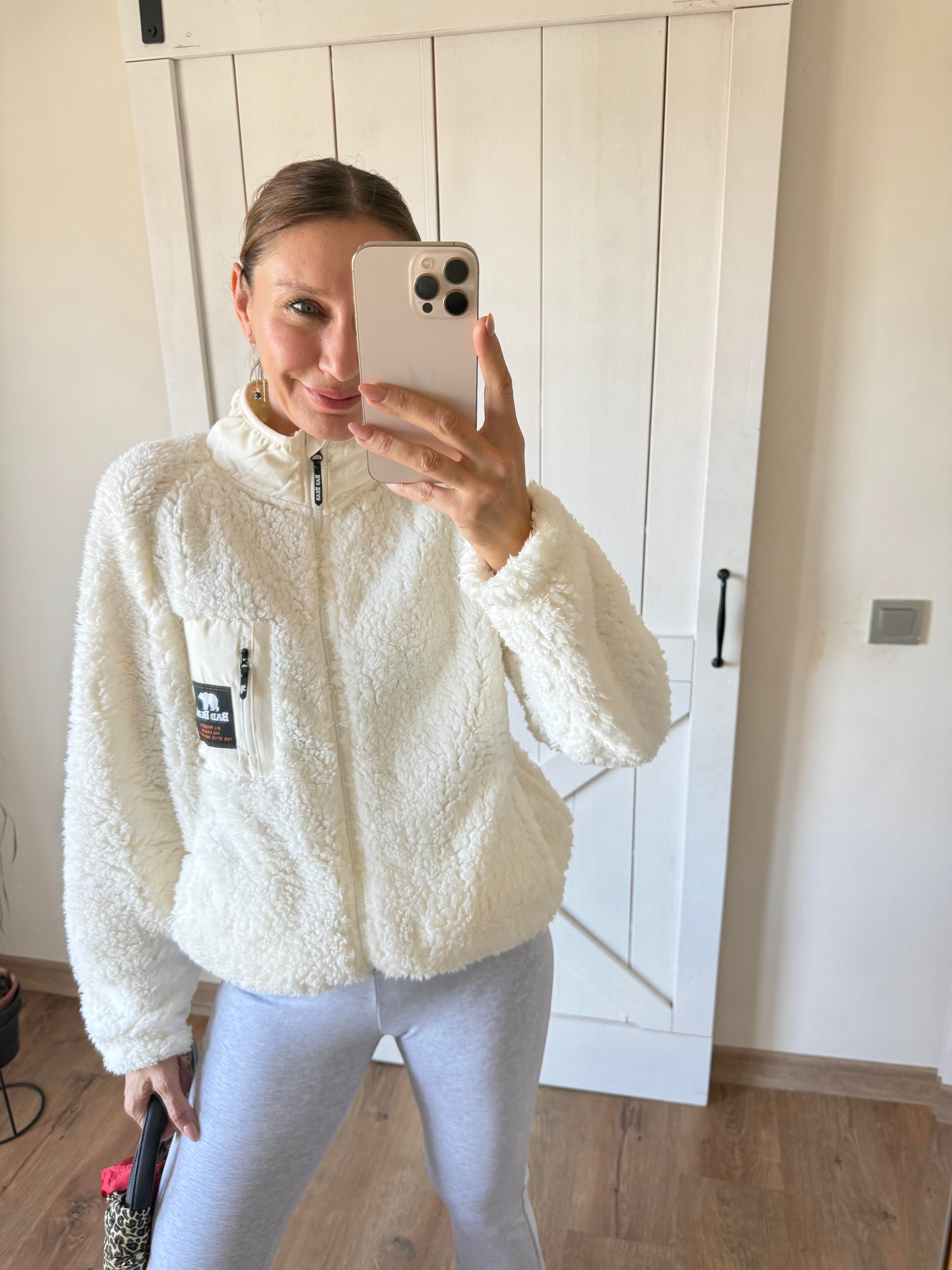 Bear Kırık Beyaz Fermuarlı Peluş Mont