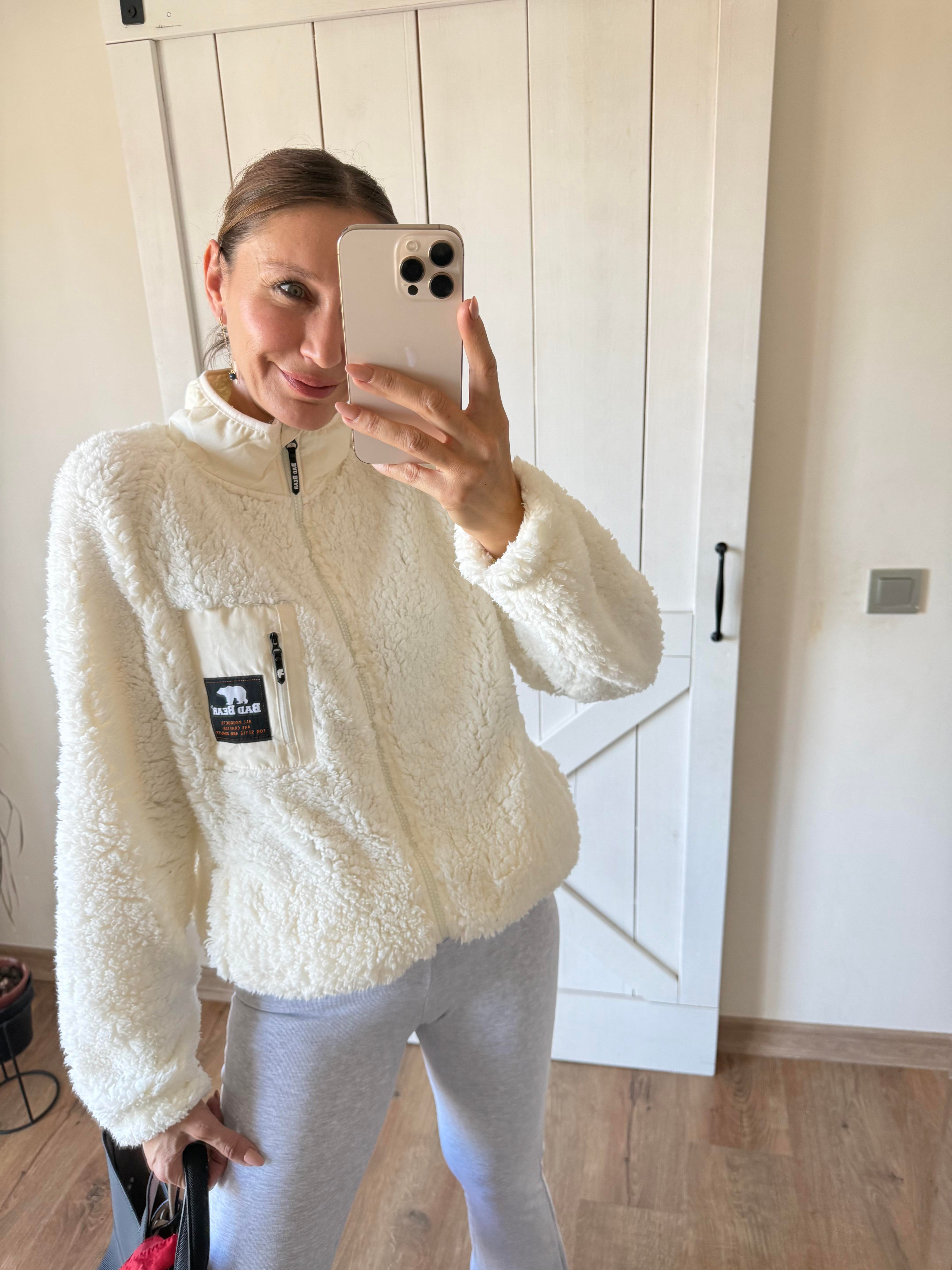 Bear Kırık Beyaz Fermuarlı Peluş Mont