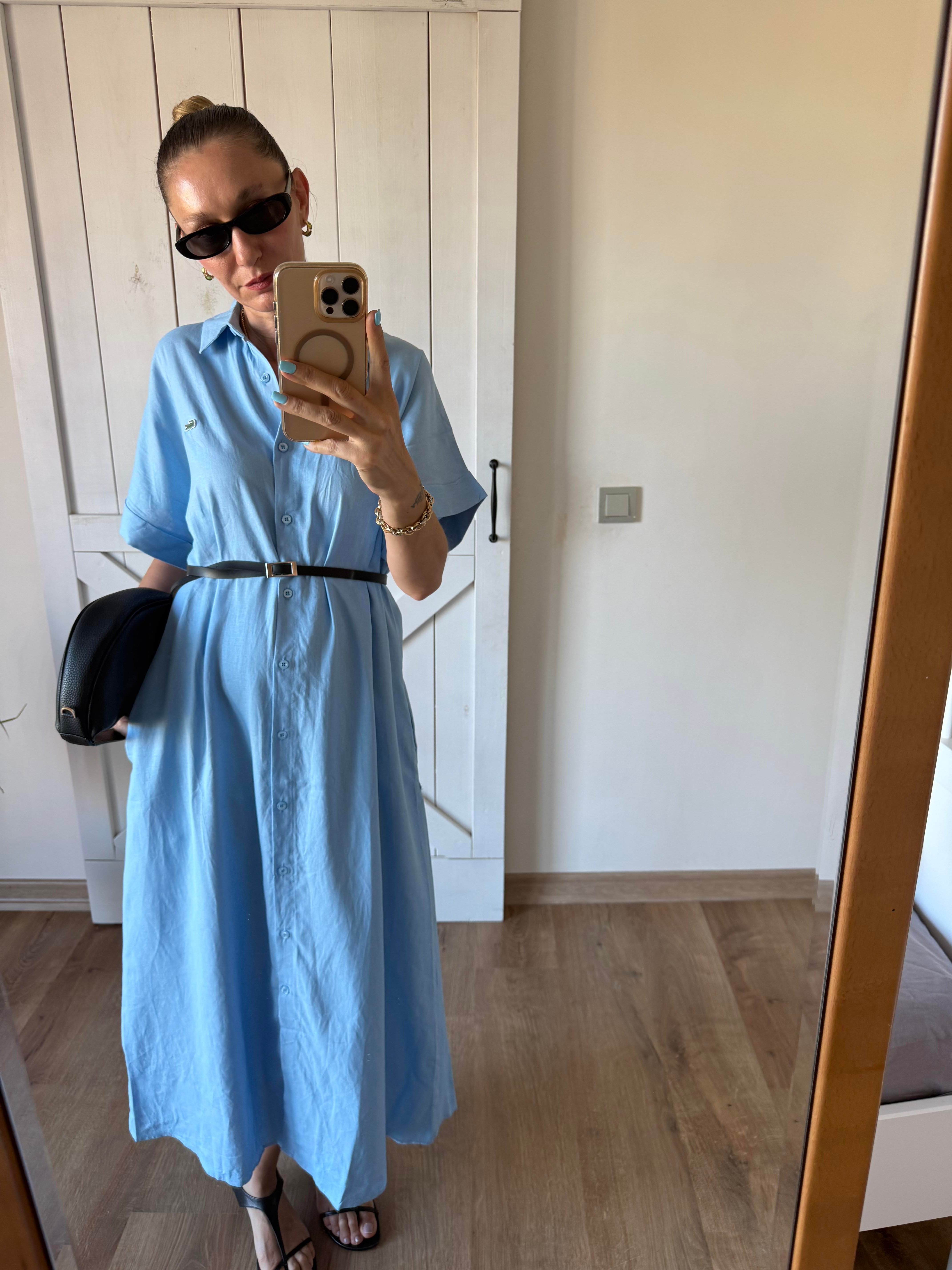 Bebek Mavi Uzun Keten Gömlek Elbise