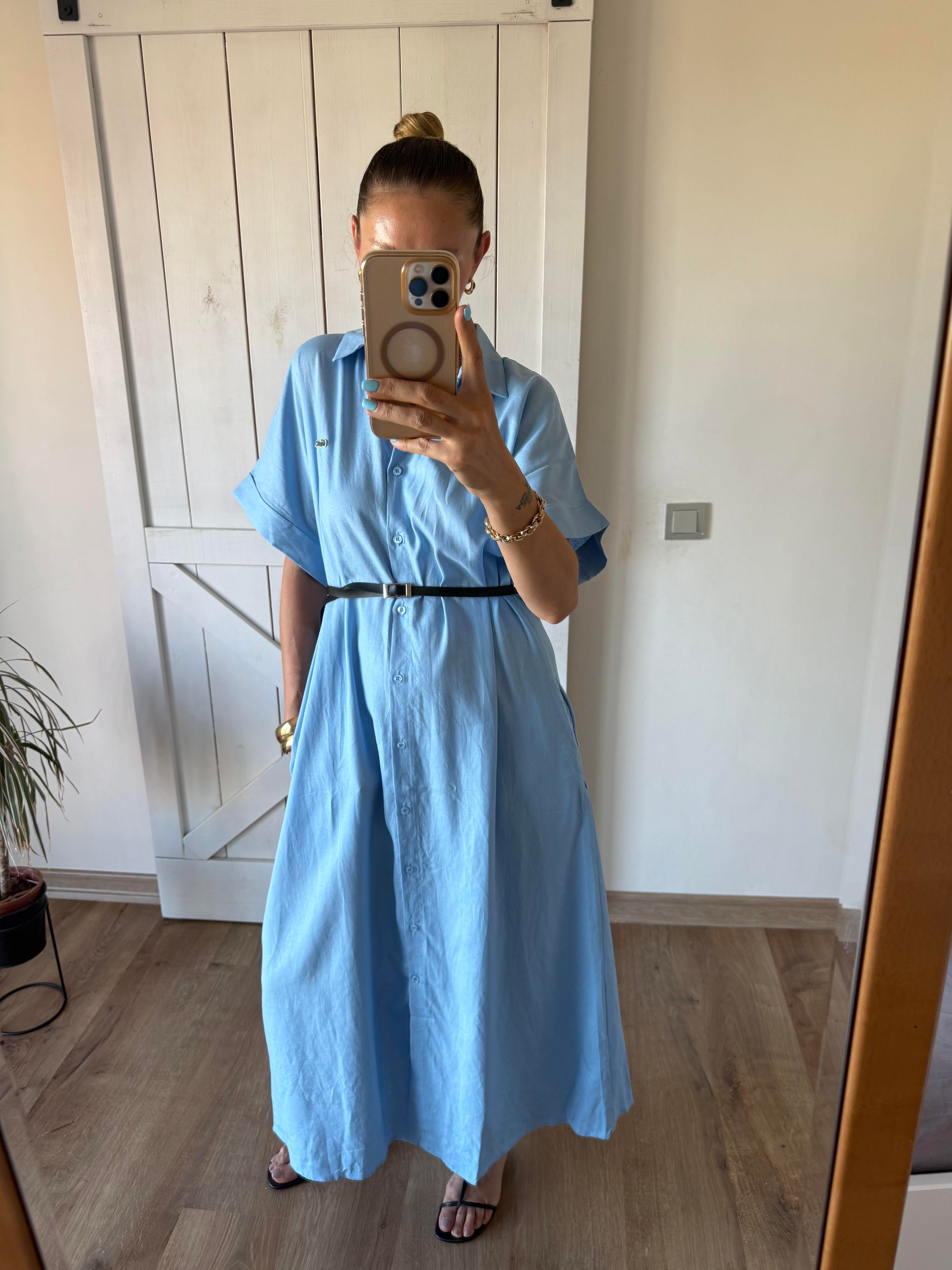 Bebek Mavi Uzun Keten Gömlek Elbise