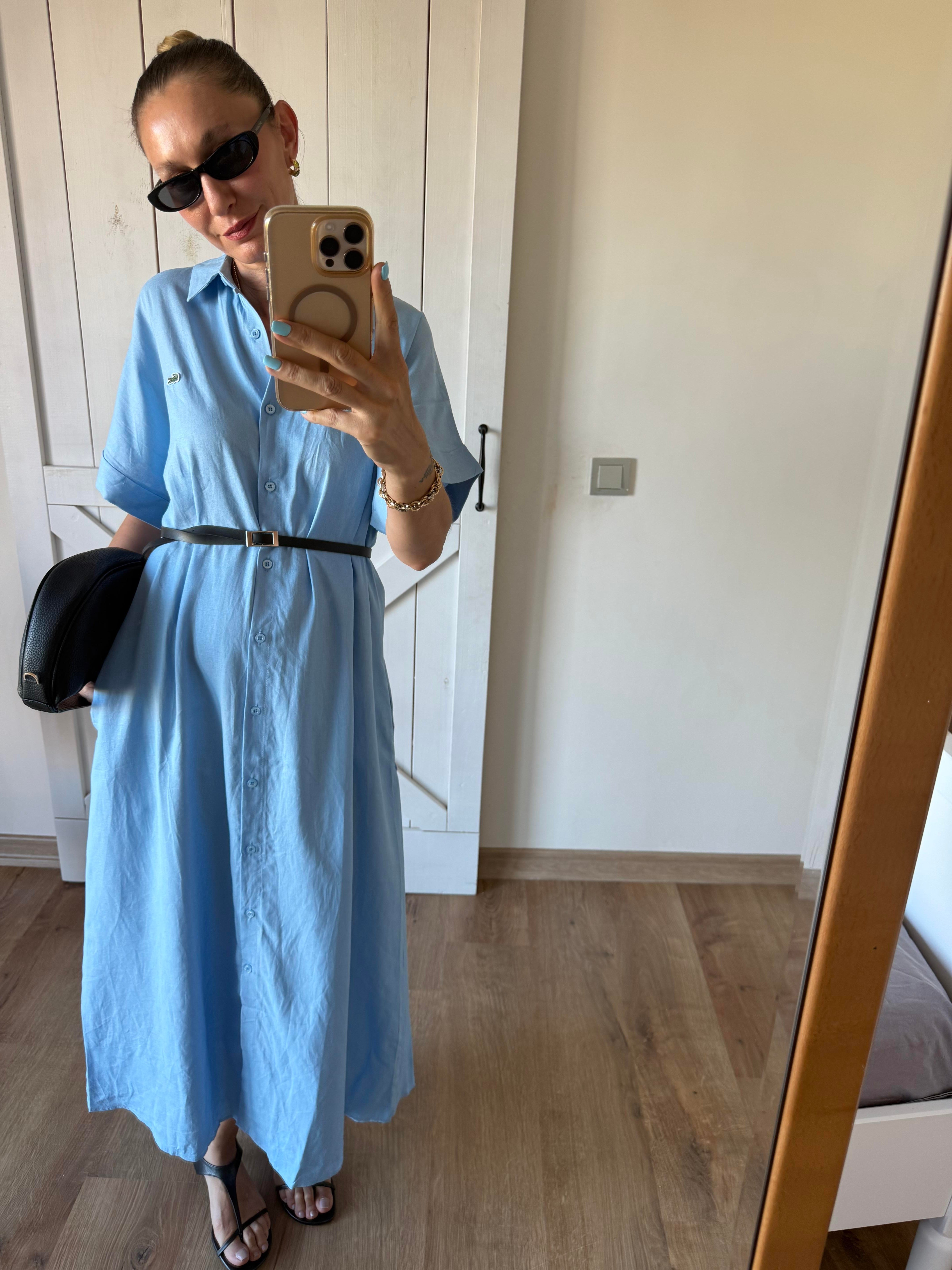 Bebek Mavi Uzun Keten Gömlek Elbise