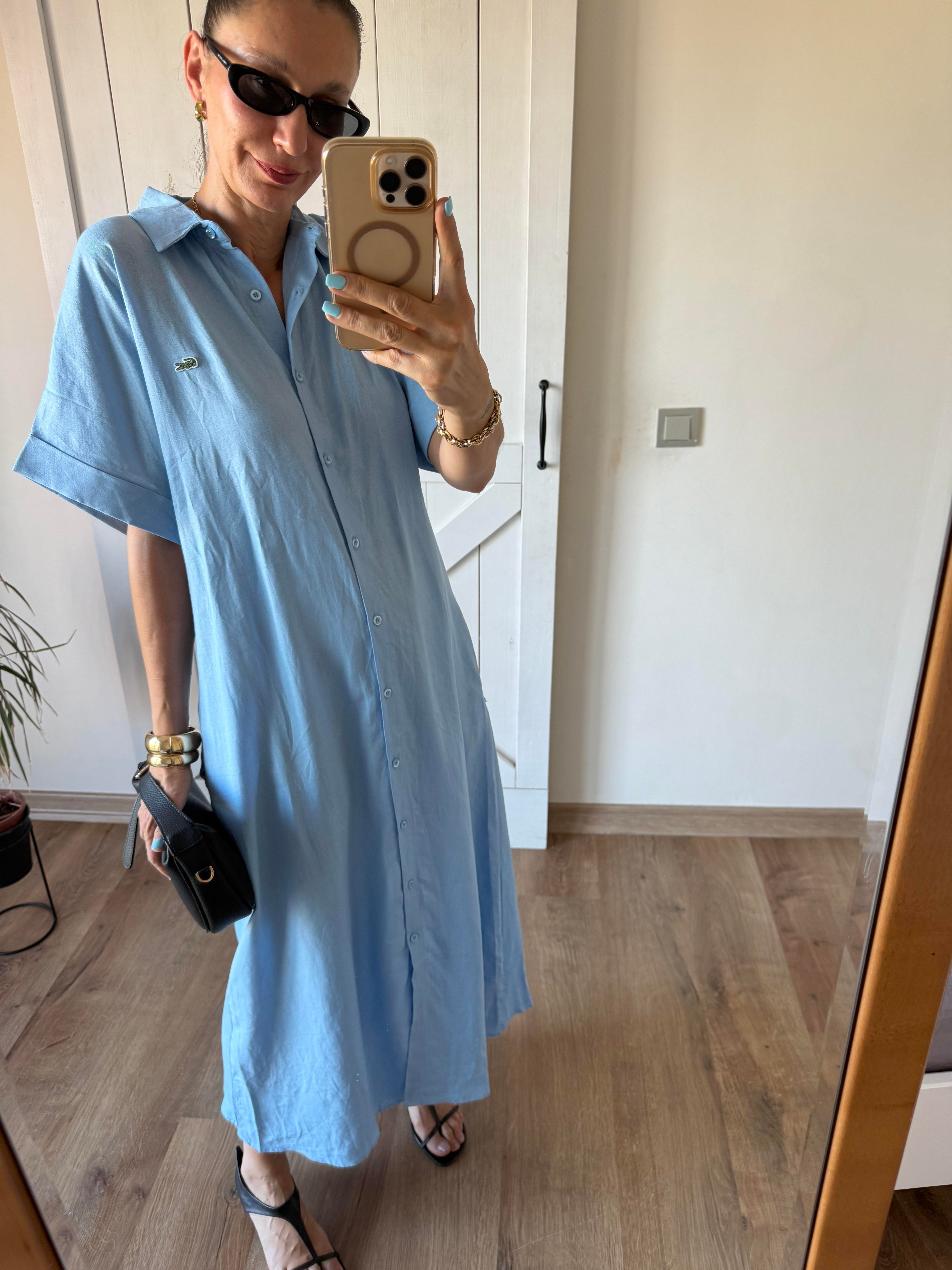 Bebek Mavi Uzun Keten Gömlek Elbise