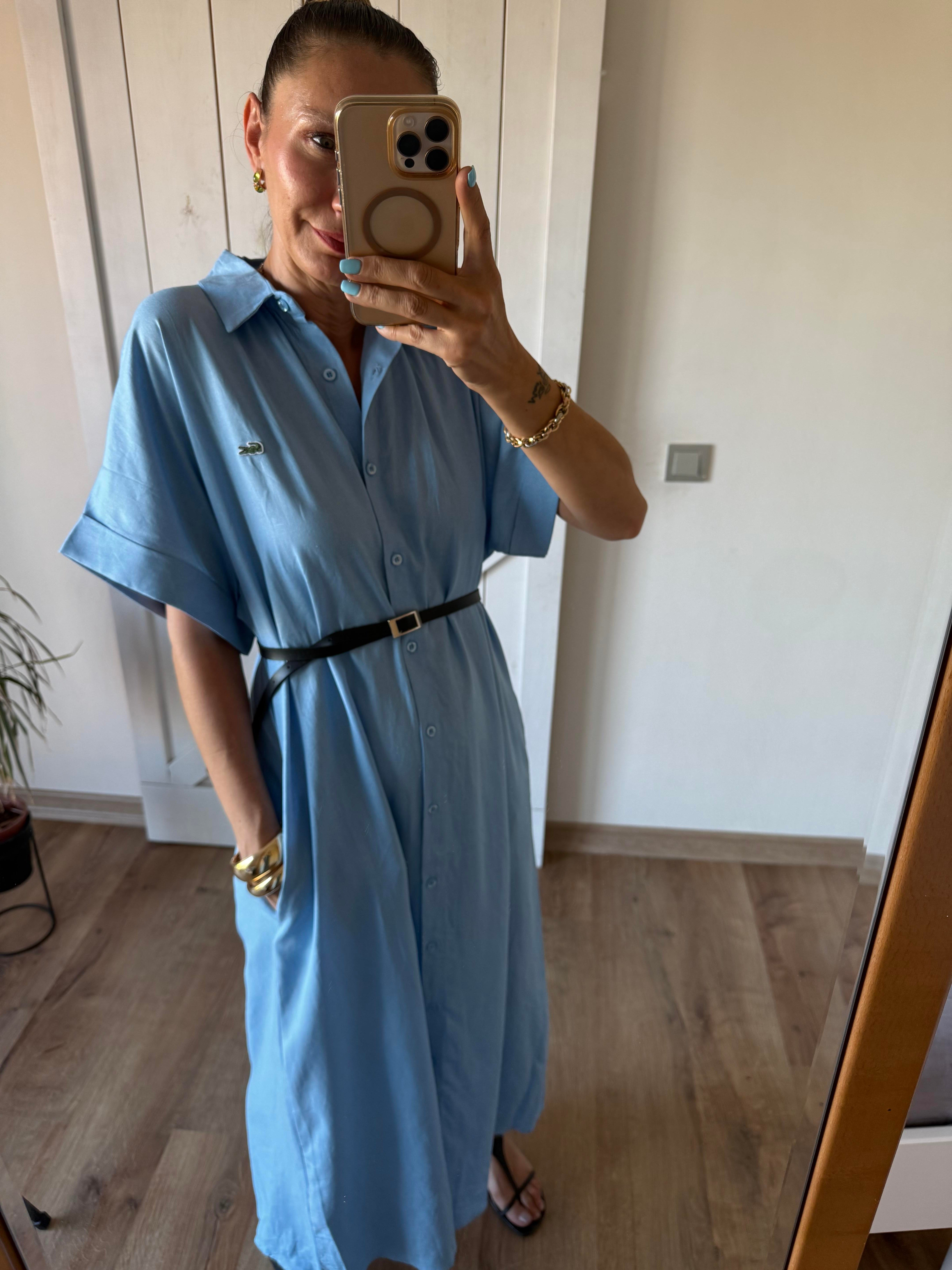 Bebek Mavi Uzun Keten Gömlek Elbise