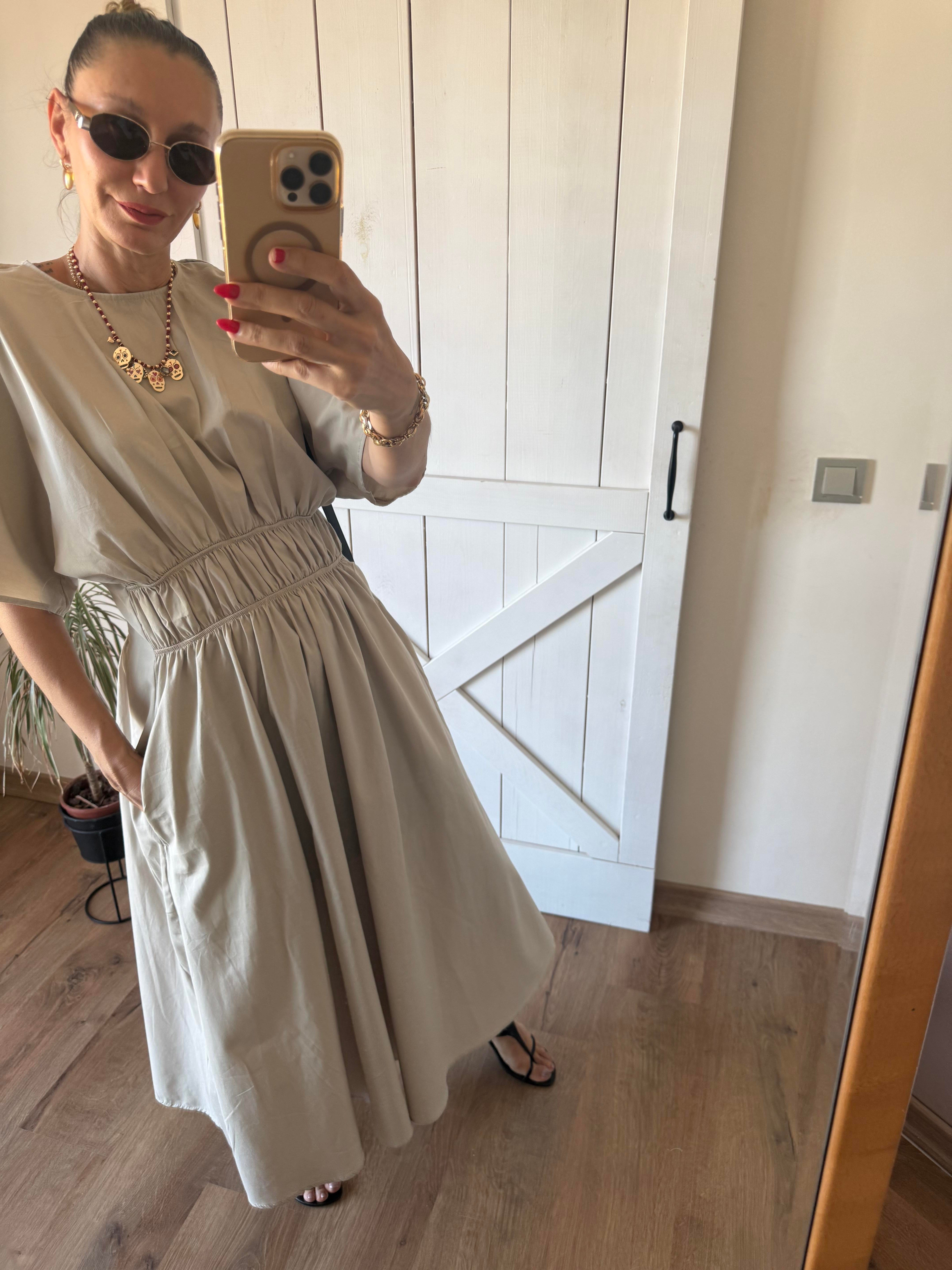 Bel Büzgülü Beyaz Kos Elbise