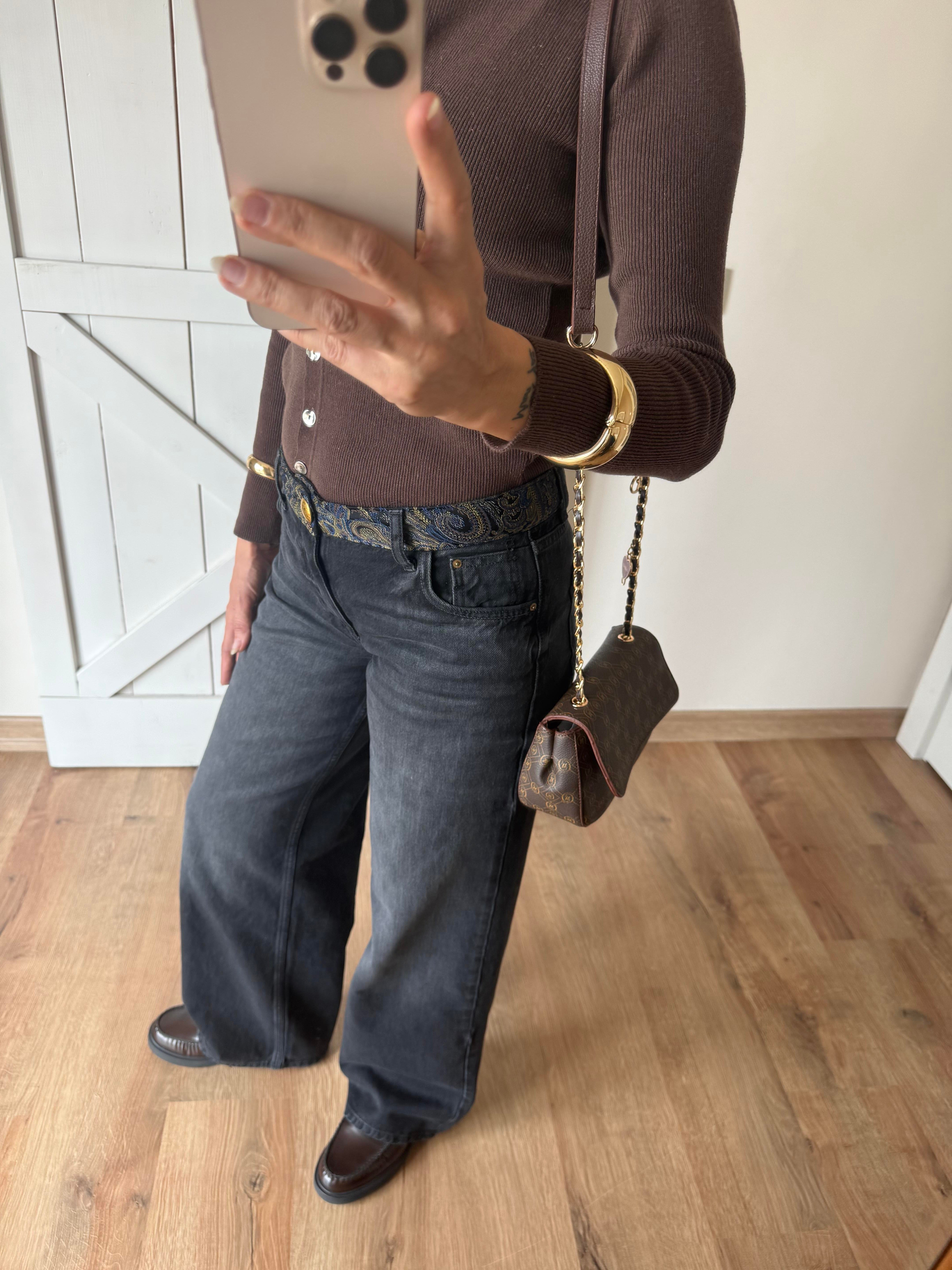 Bel Detayı Etnik Desenli Orta Bel Palazzo  Jean