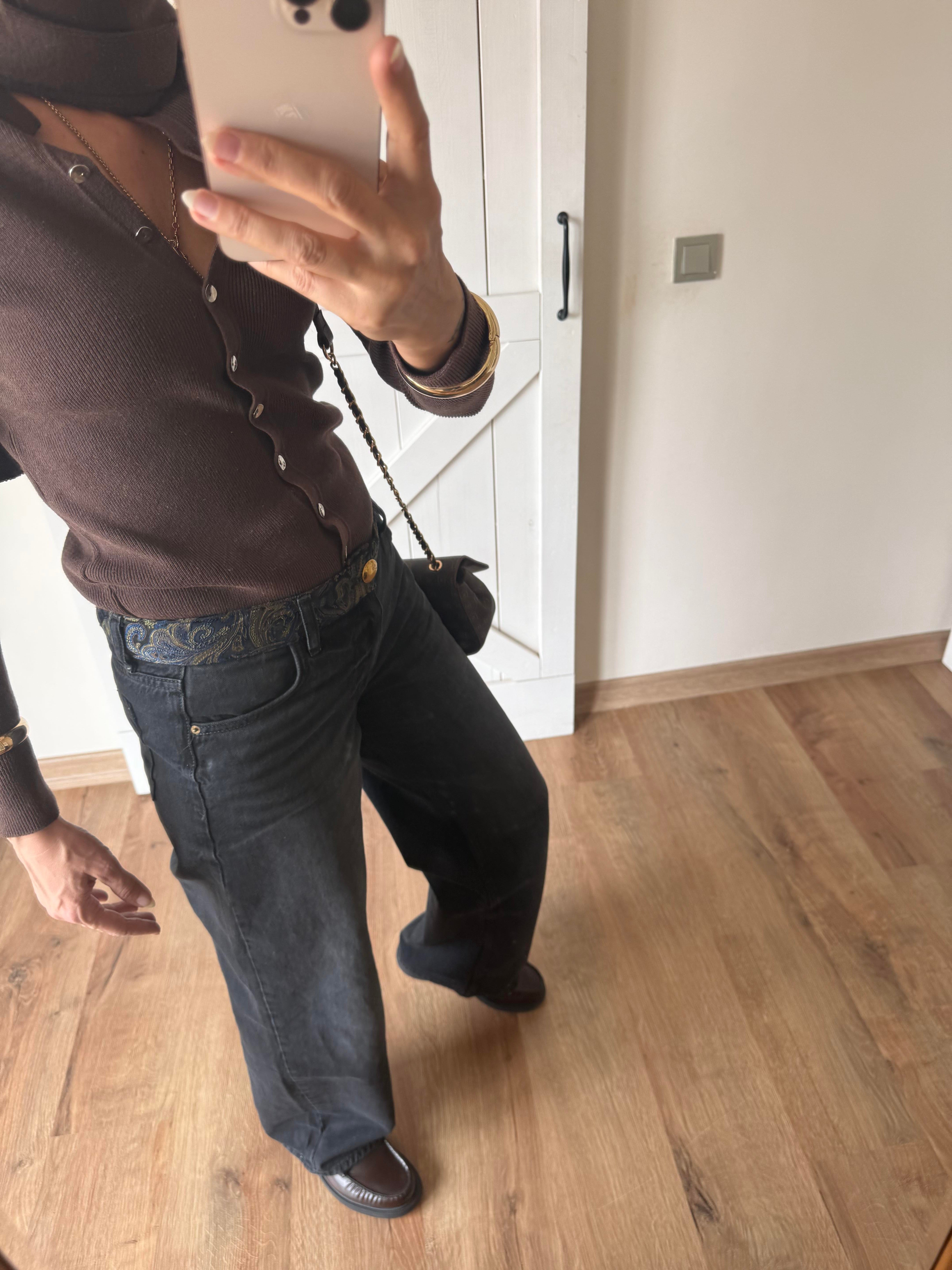 Bel Detayı Etnik Desenli Orta Bel Palazzo  Jean