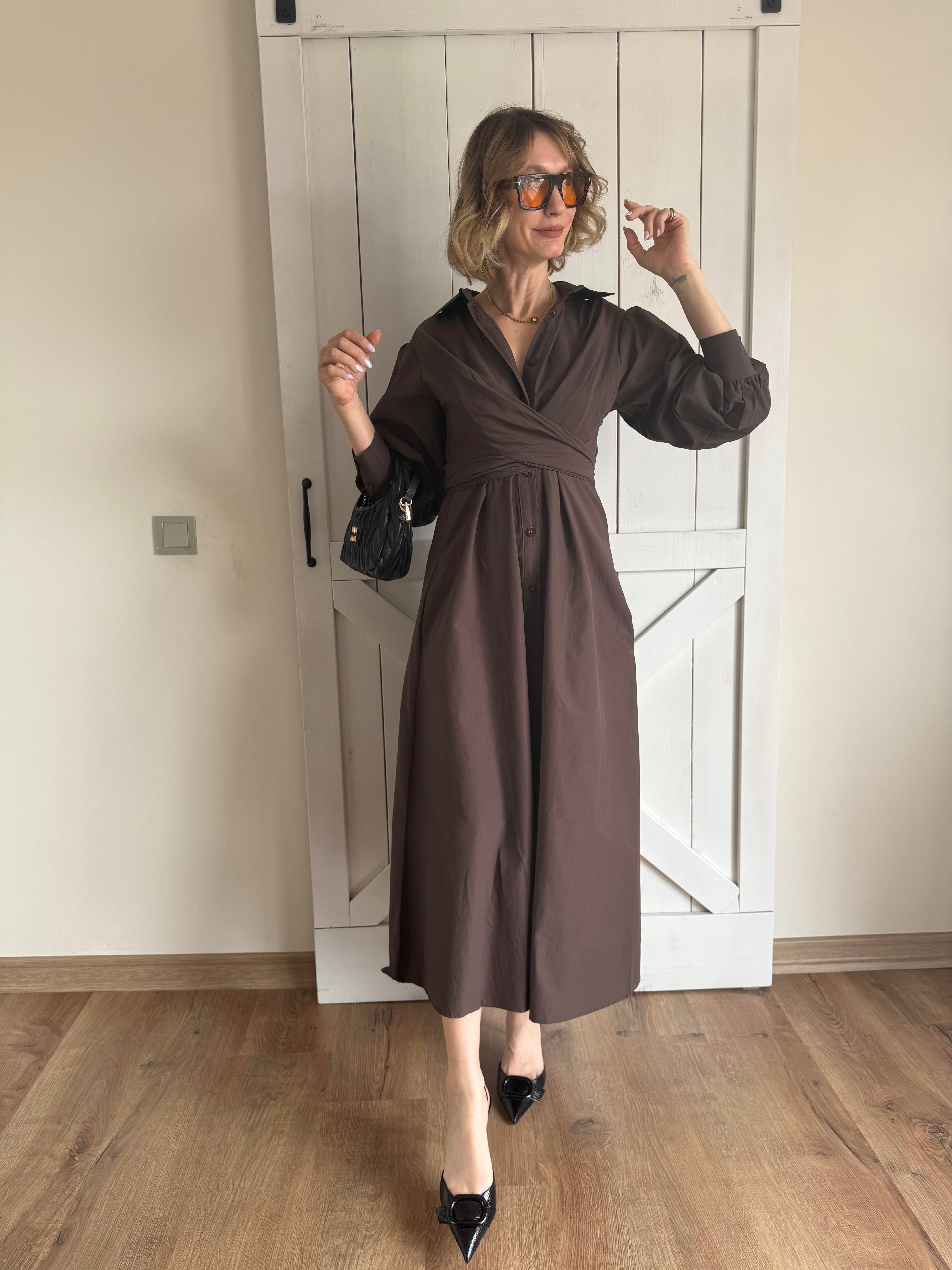 Bel Kuşaklı Acı Kahve Elbise