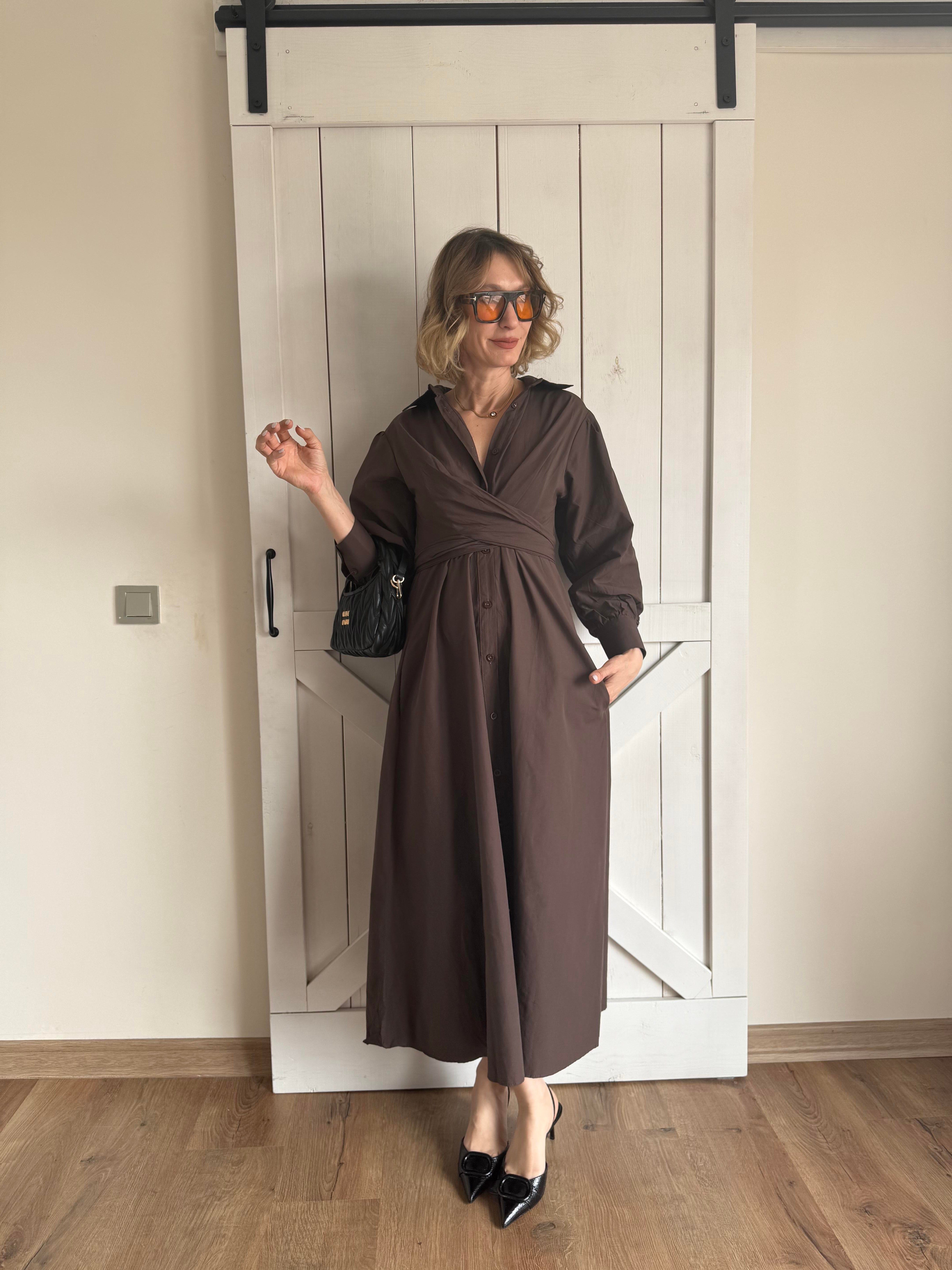 Bel Kuşaklı Acı Kahve Elbise