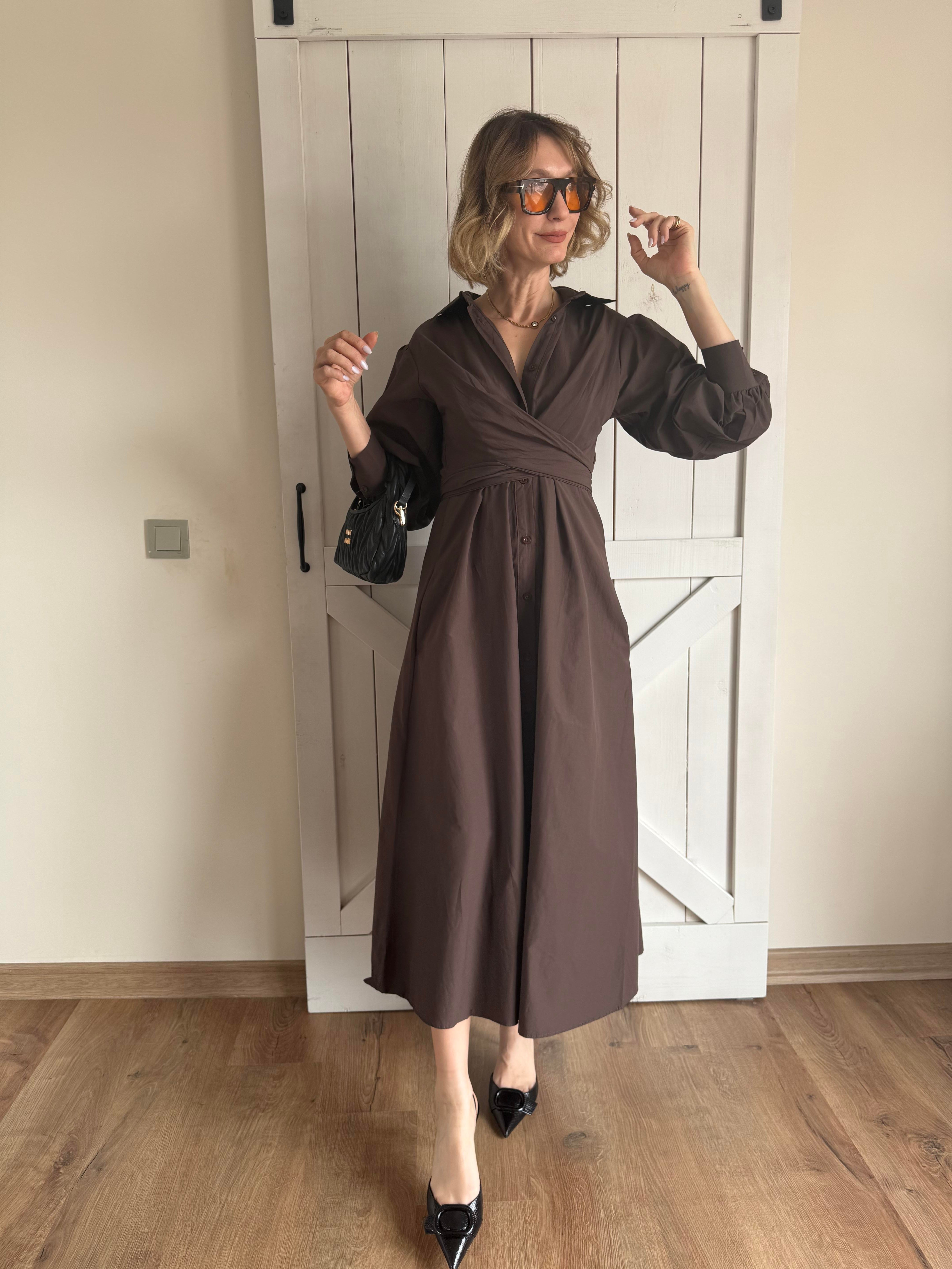 Bel Kuşaklı Acı Kahve Elbise