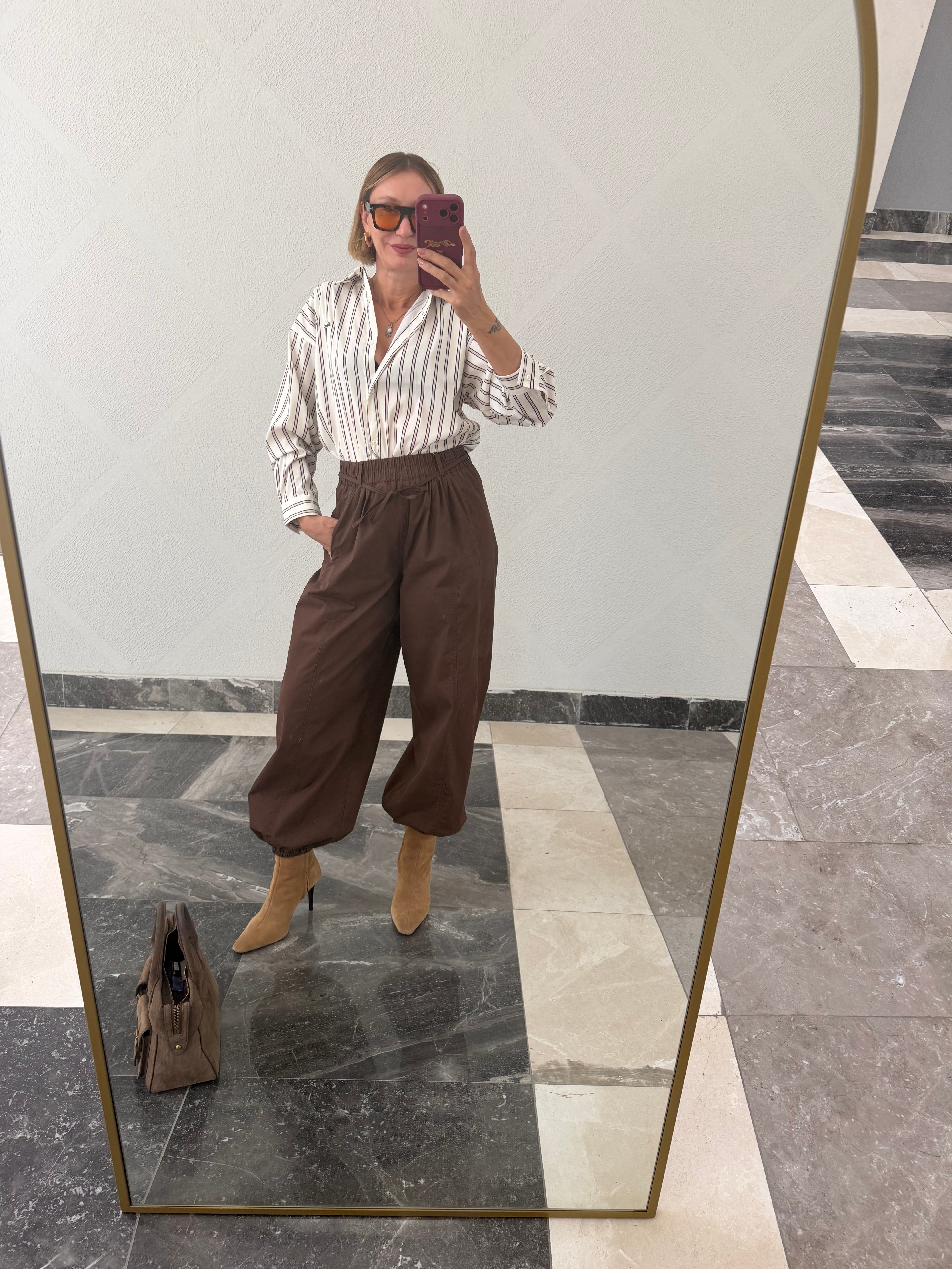 Bel Lastikli İpli Frankly Kahve Bileği Latikli İko Pantolonı
