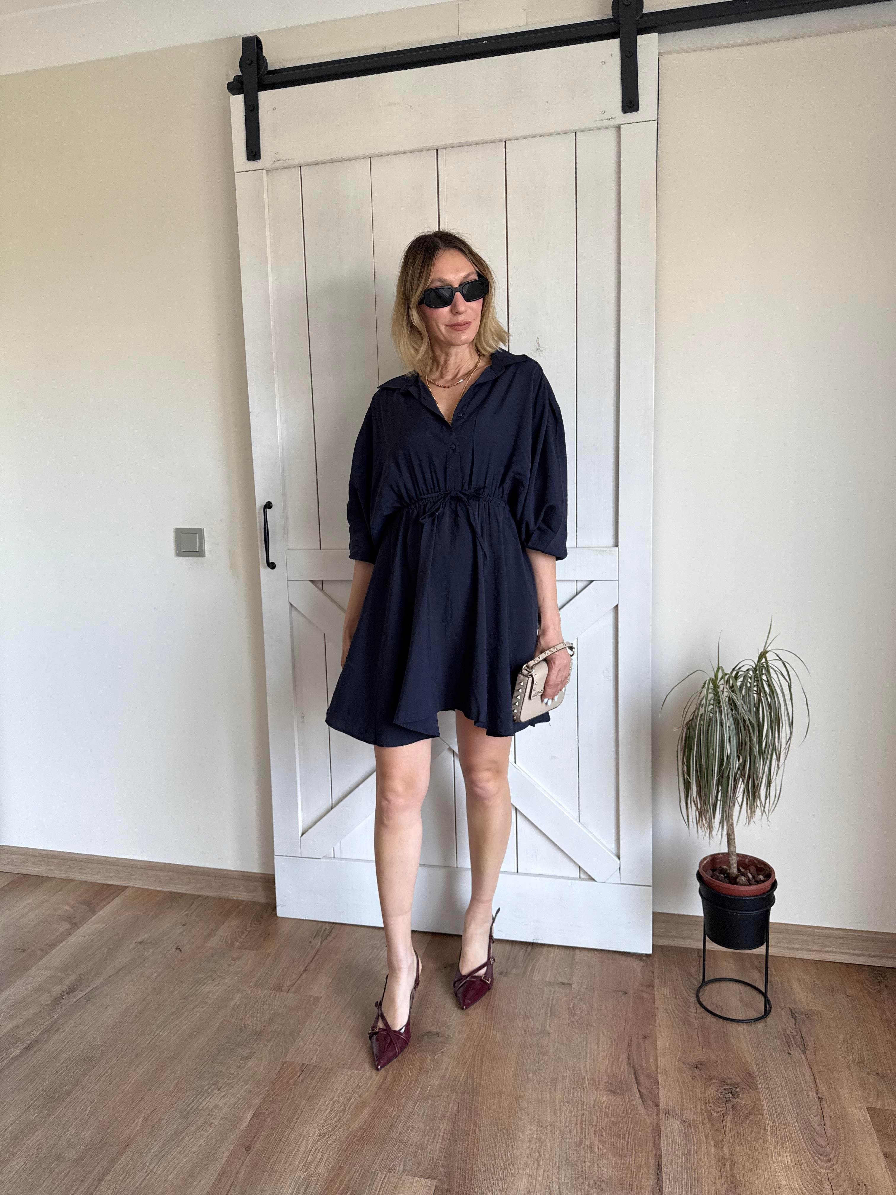 Bel Lastikli Lacivert Mini Elbise