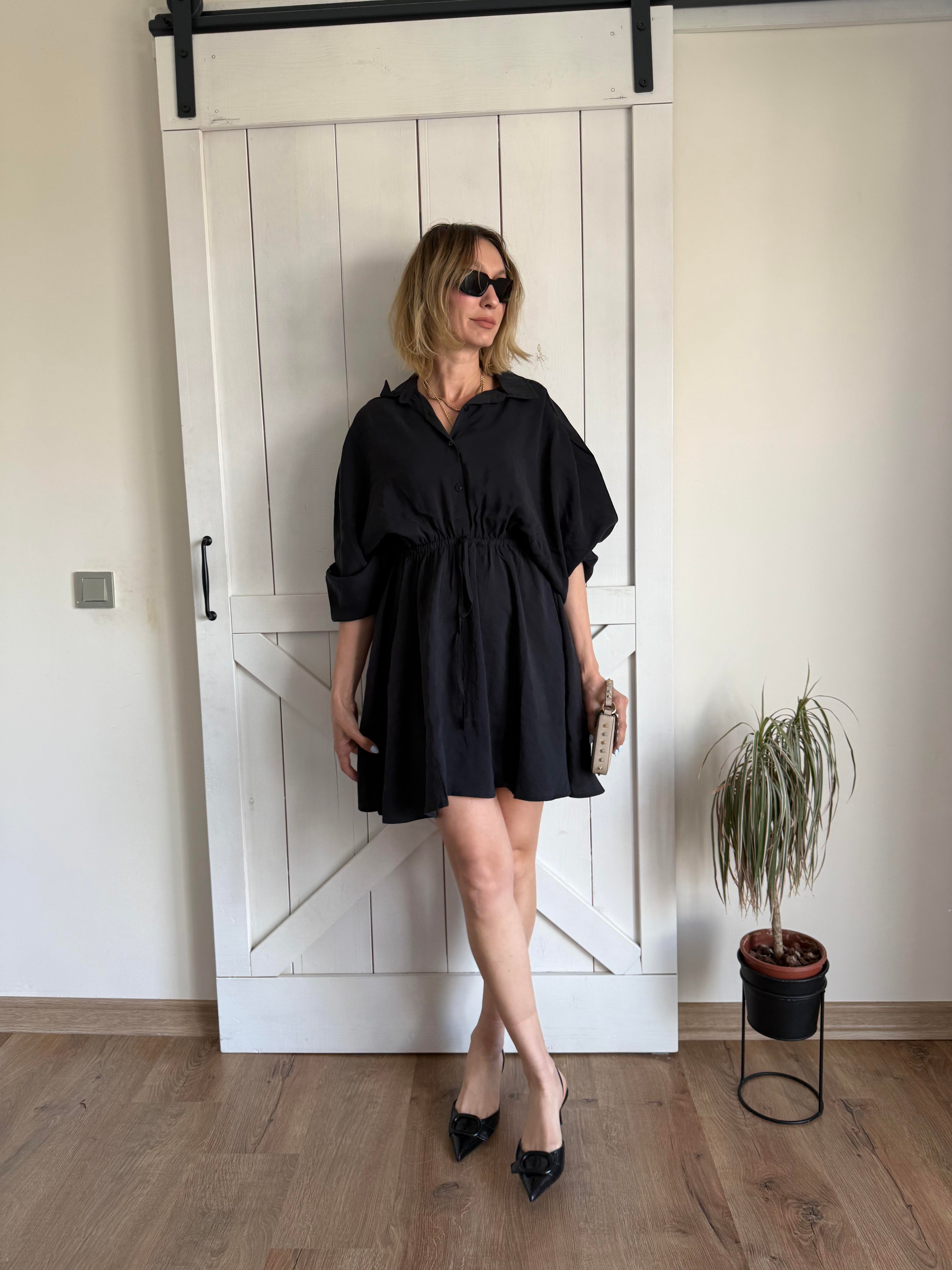 Bel Lastikli Mini Antrasit Elbise