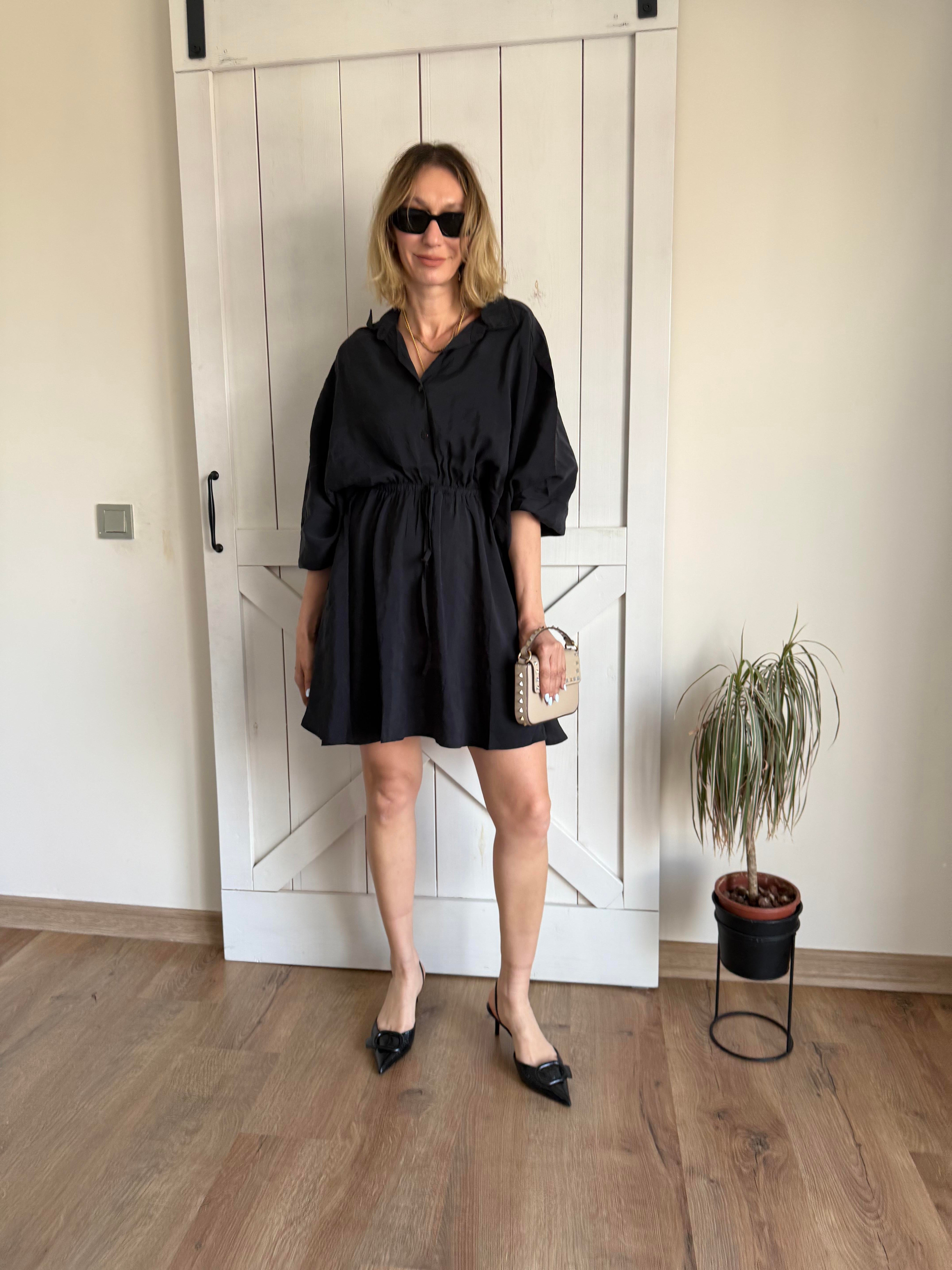 Bel Lastikli Mini Antrasit Elbise