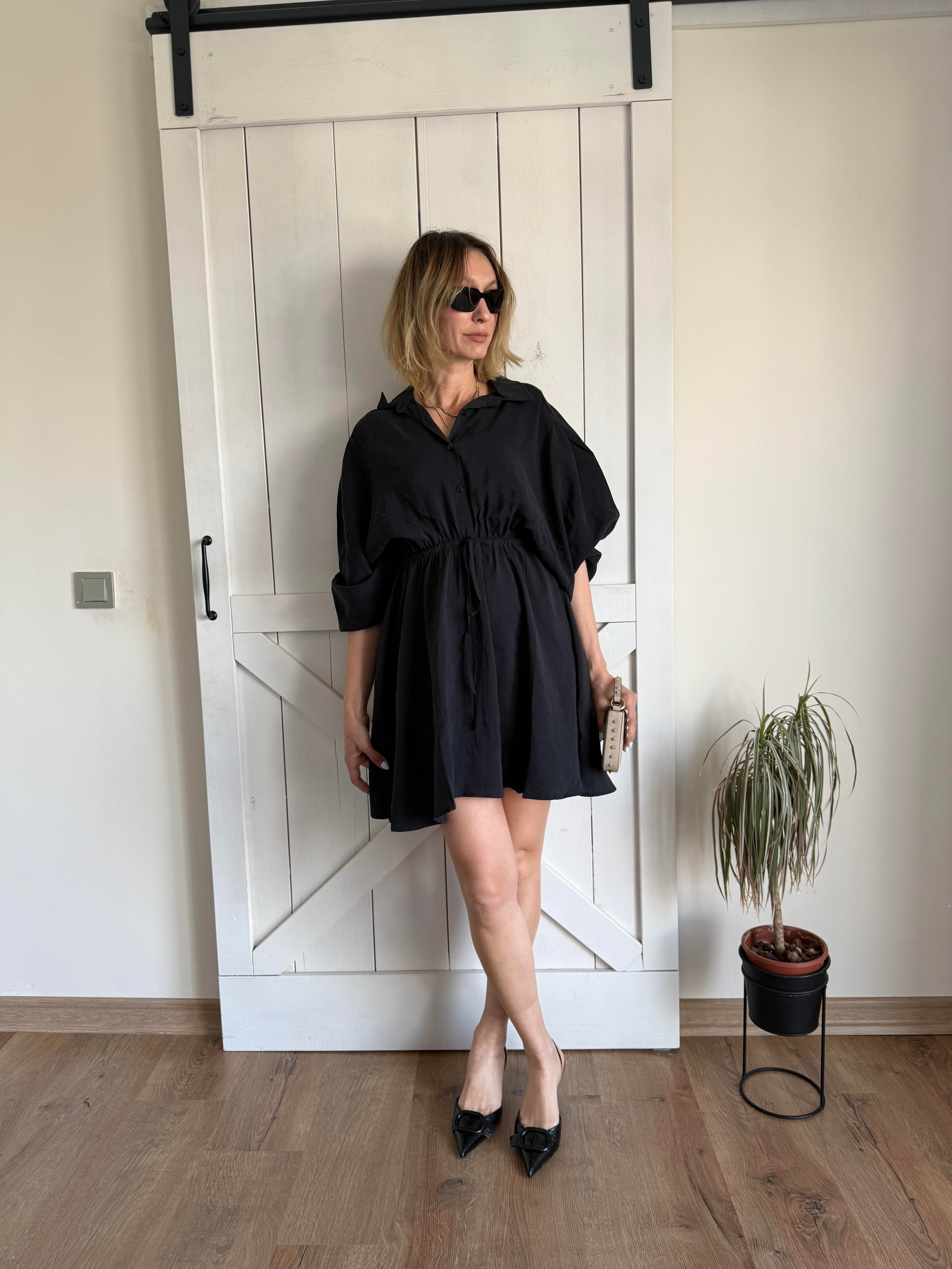 Bel Lastikli Mini Antrasit Elbise