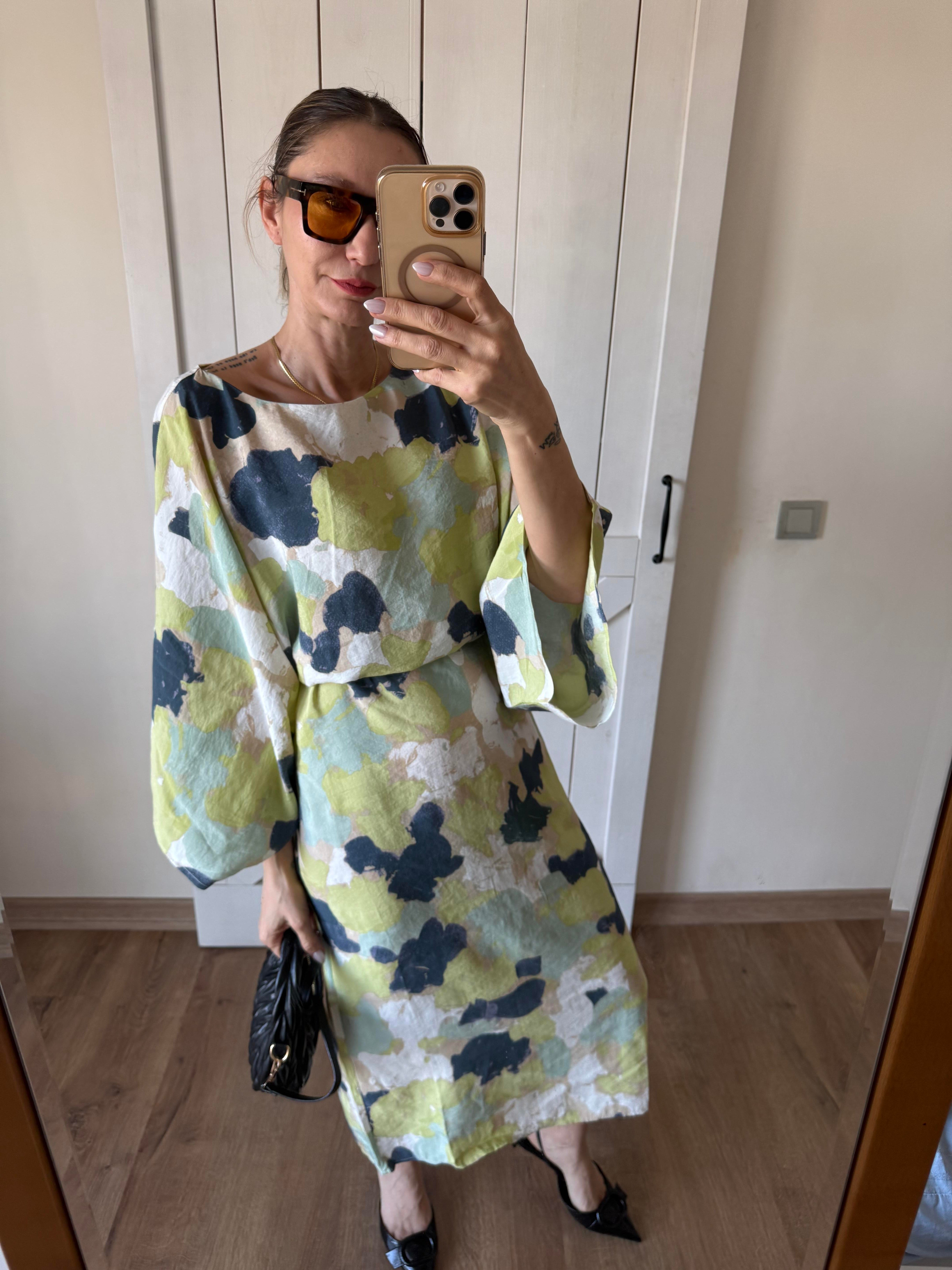 Belden Ayarlamalı Fırça Darbeli Elbise