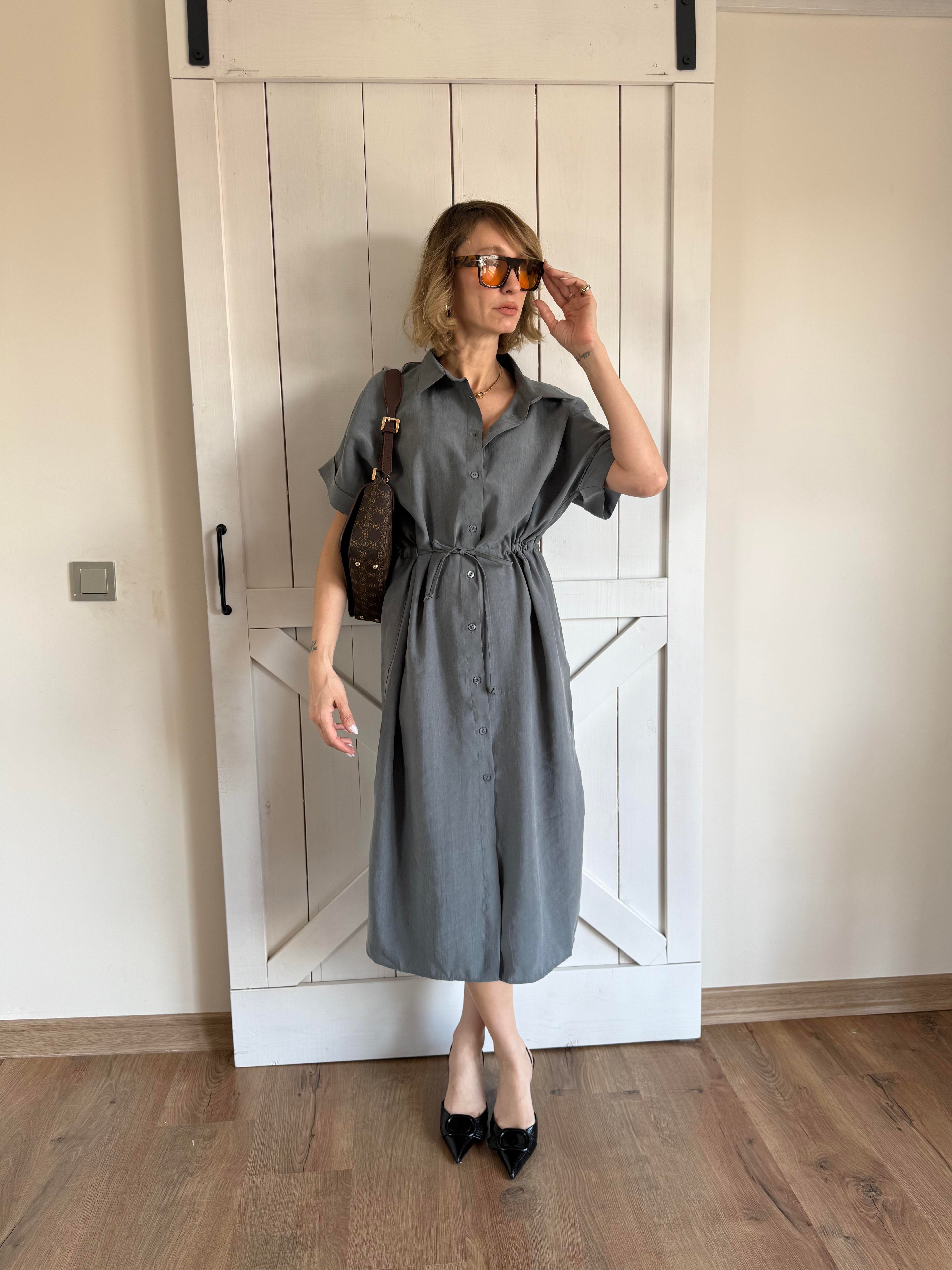 Belden Büzdürmeli Çağla Elbise