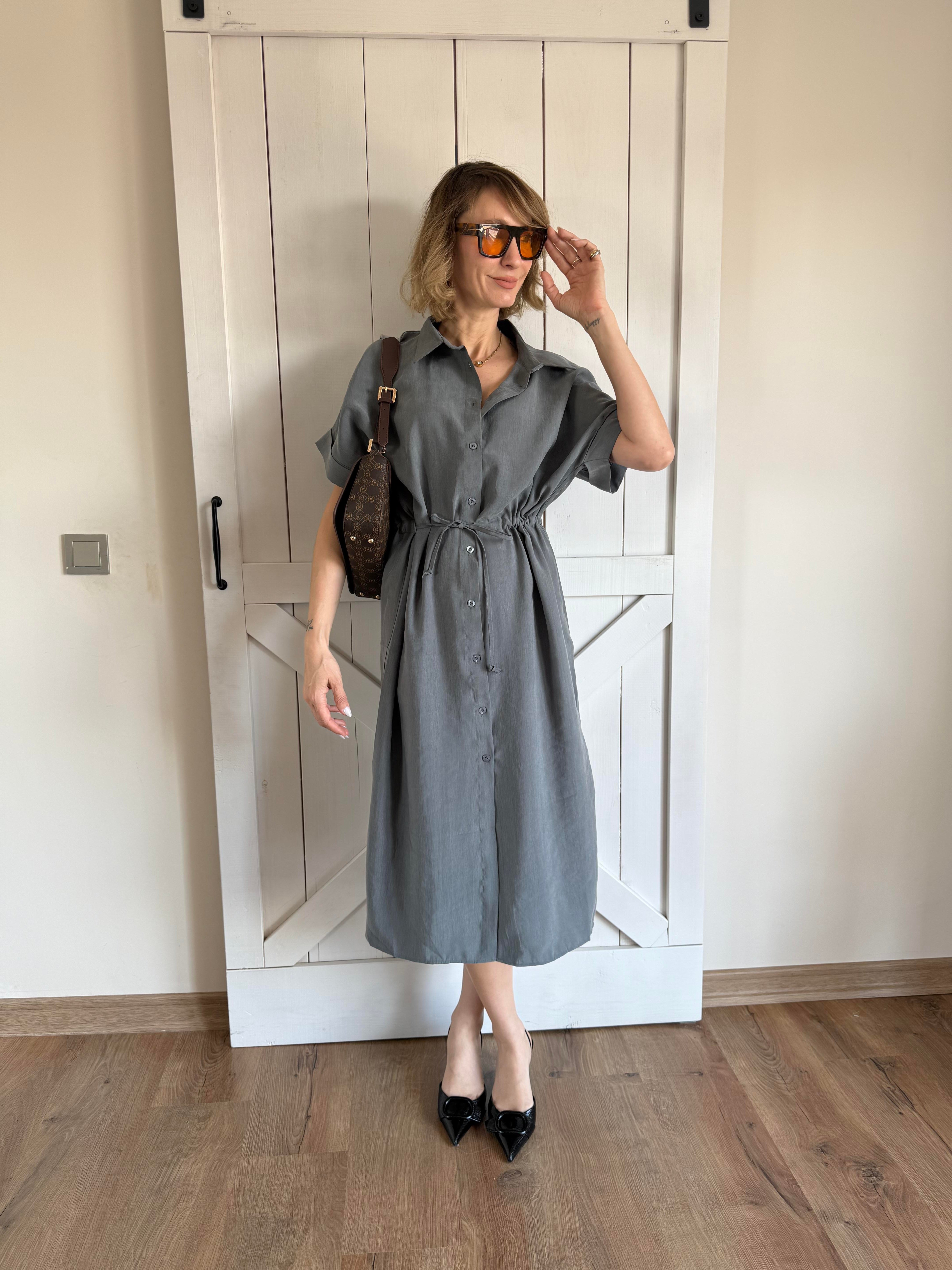 Belden Büzdürmeli Çağla Elbise