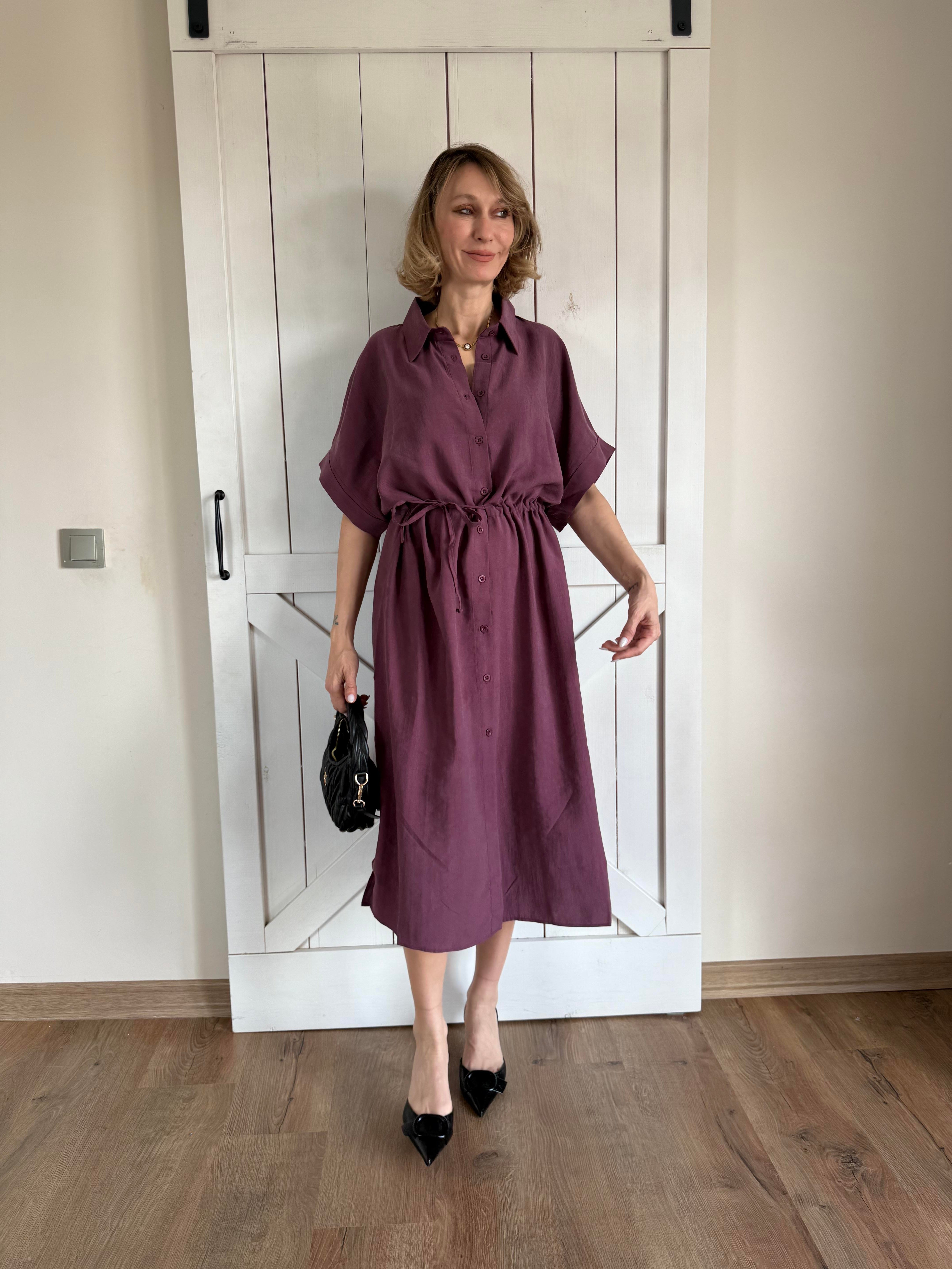 Belden Büzgü Ayarlı Mürdüm Elbise