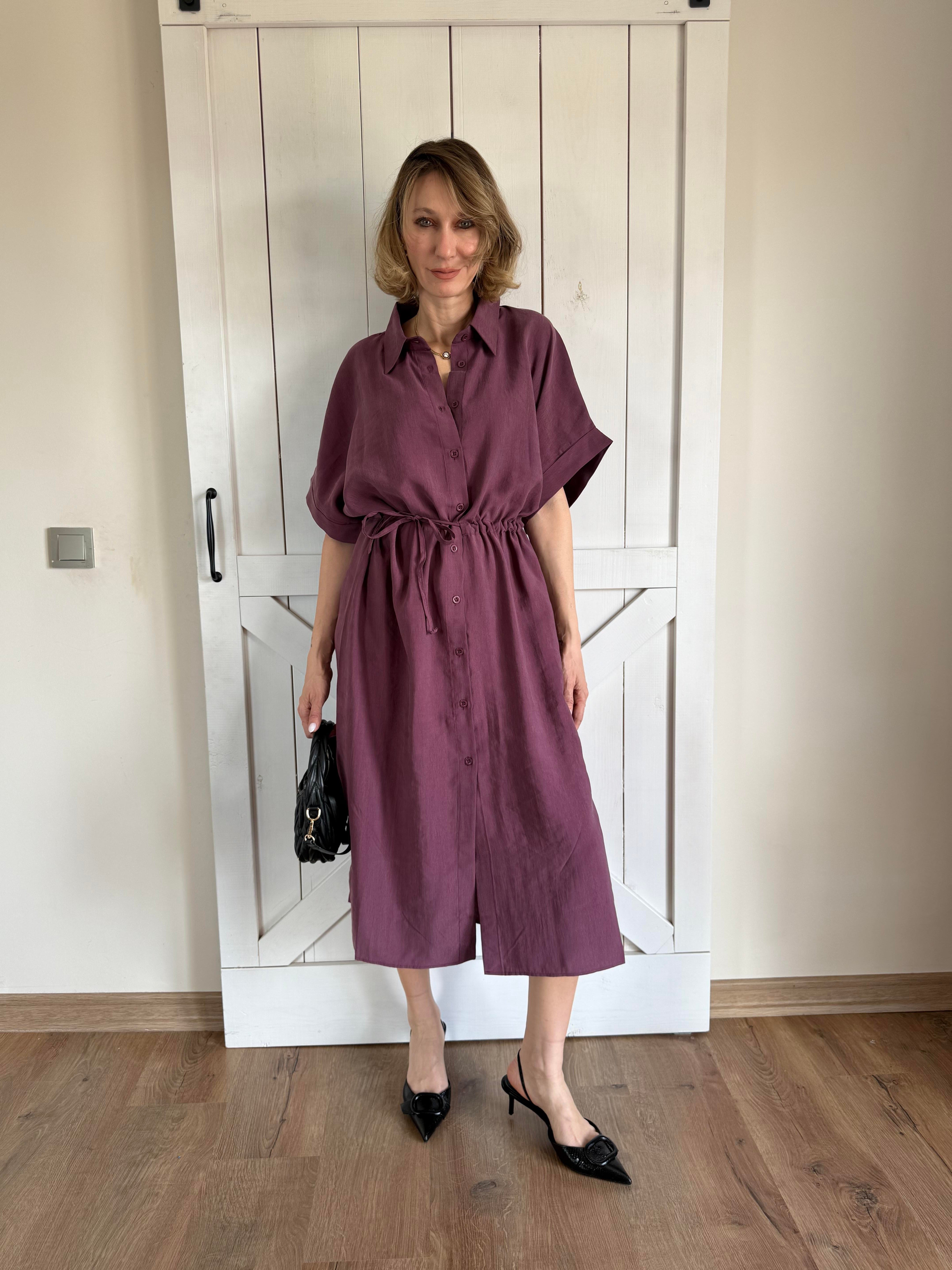 Belden Büzgü Ayarlı Mürdüm Elbise