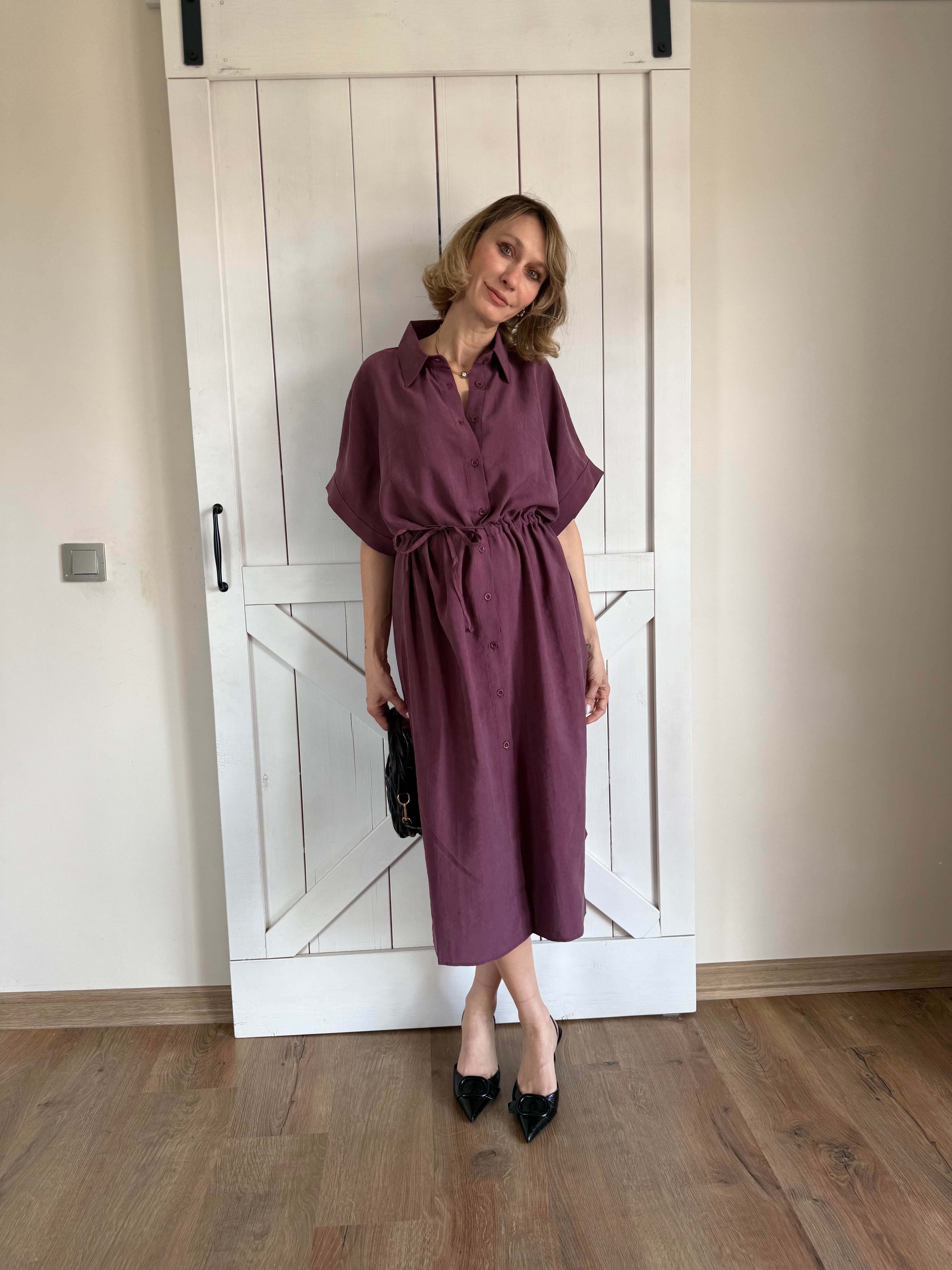 Belden Büzgü Ayarlı Mürdüm Elbise