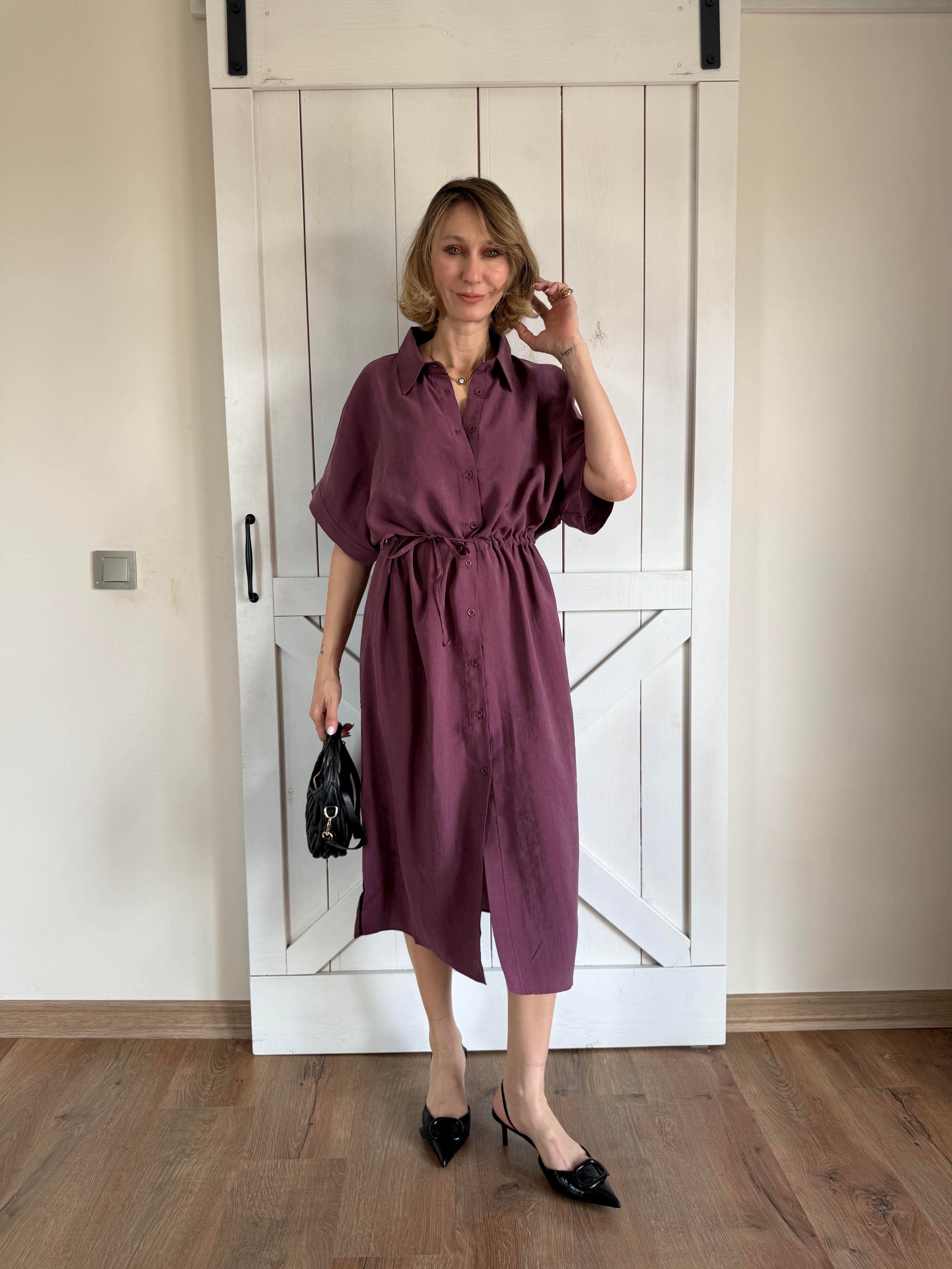 Belden Büzgü Ayarlı Mürdüm Elbise