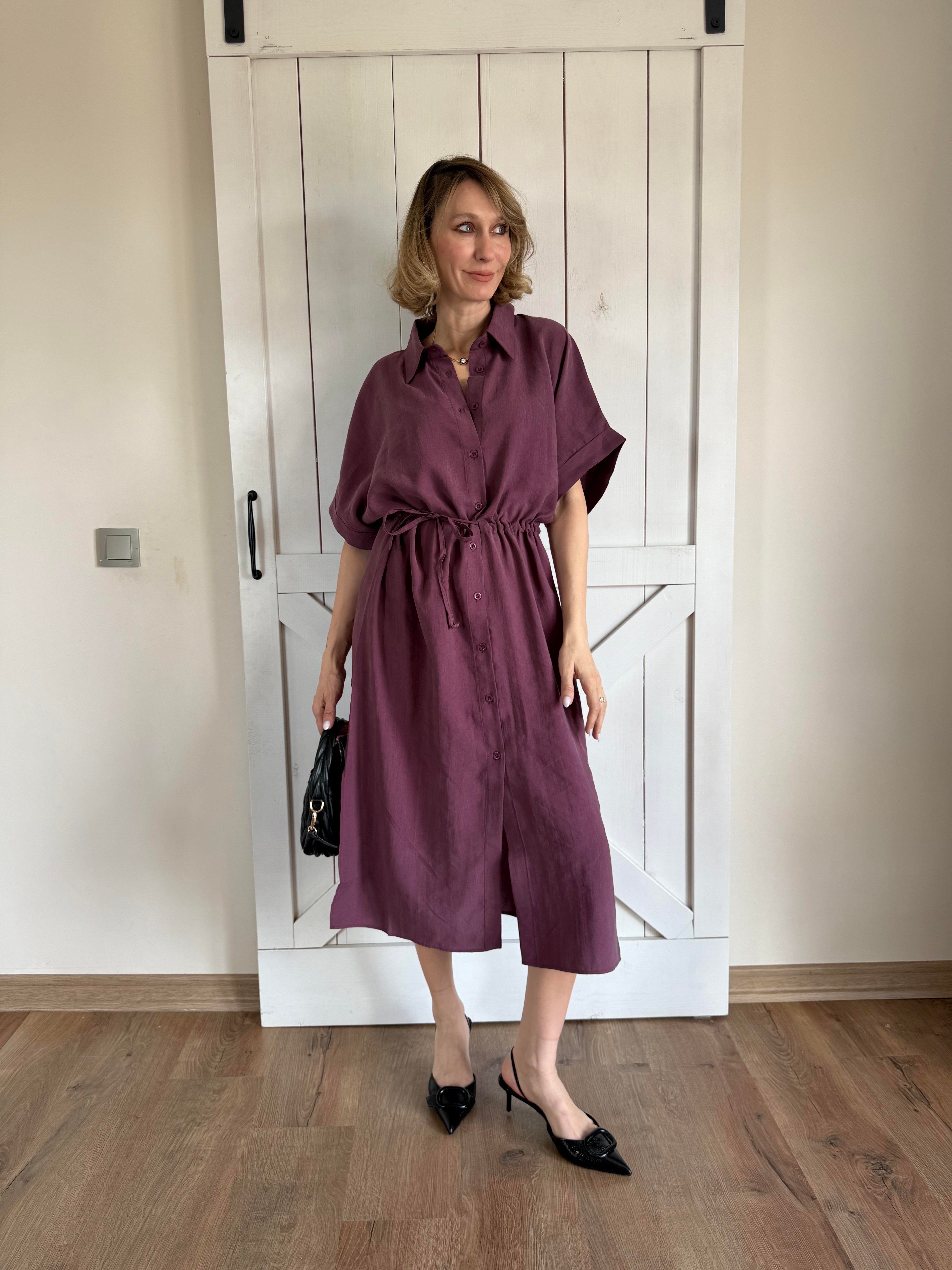 Belden Büzgü Ayarlı Mürdüm Elbise