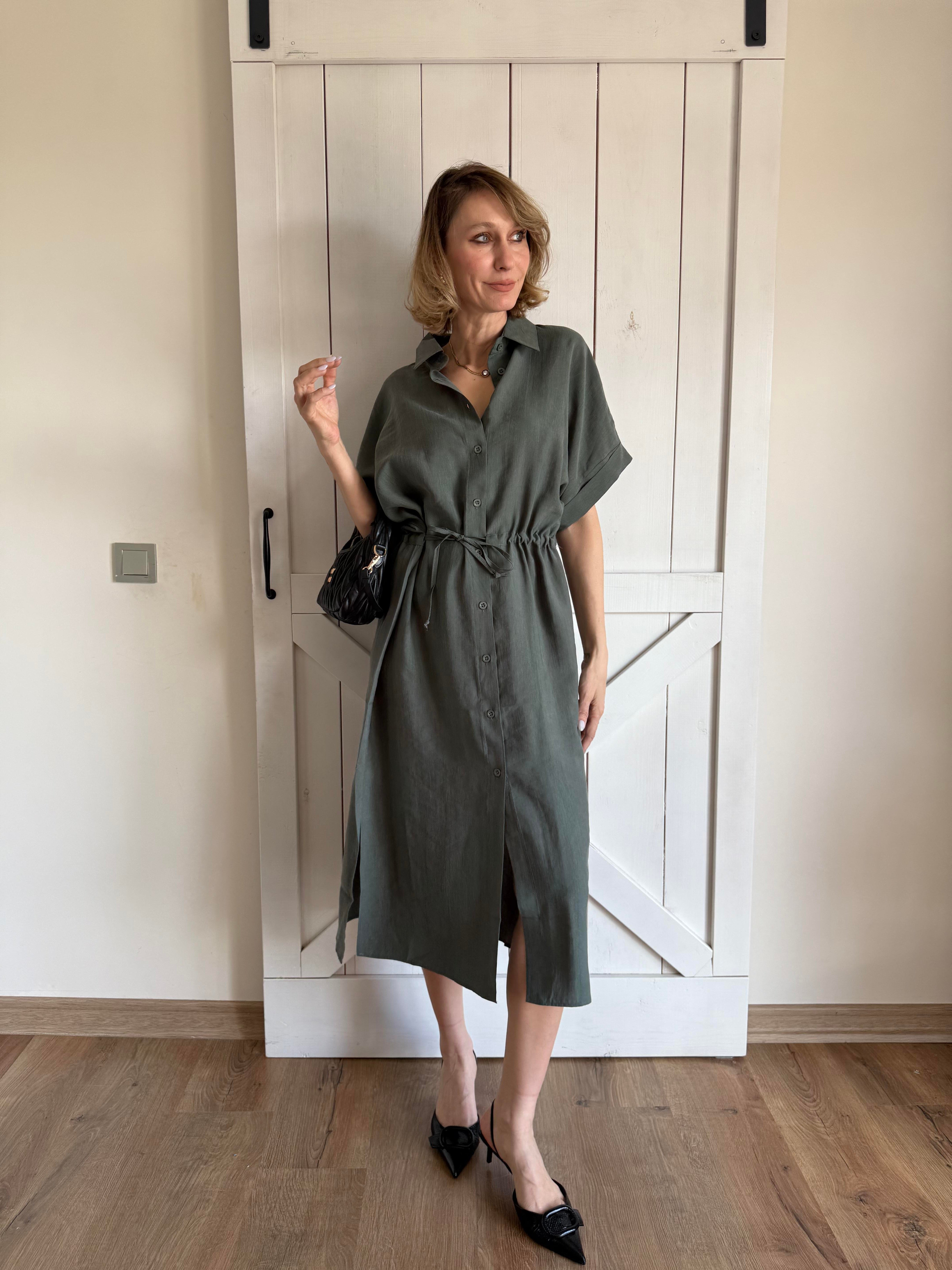 Belden Büzgü Detaylı Haki Elbise