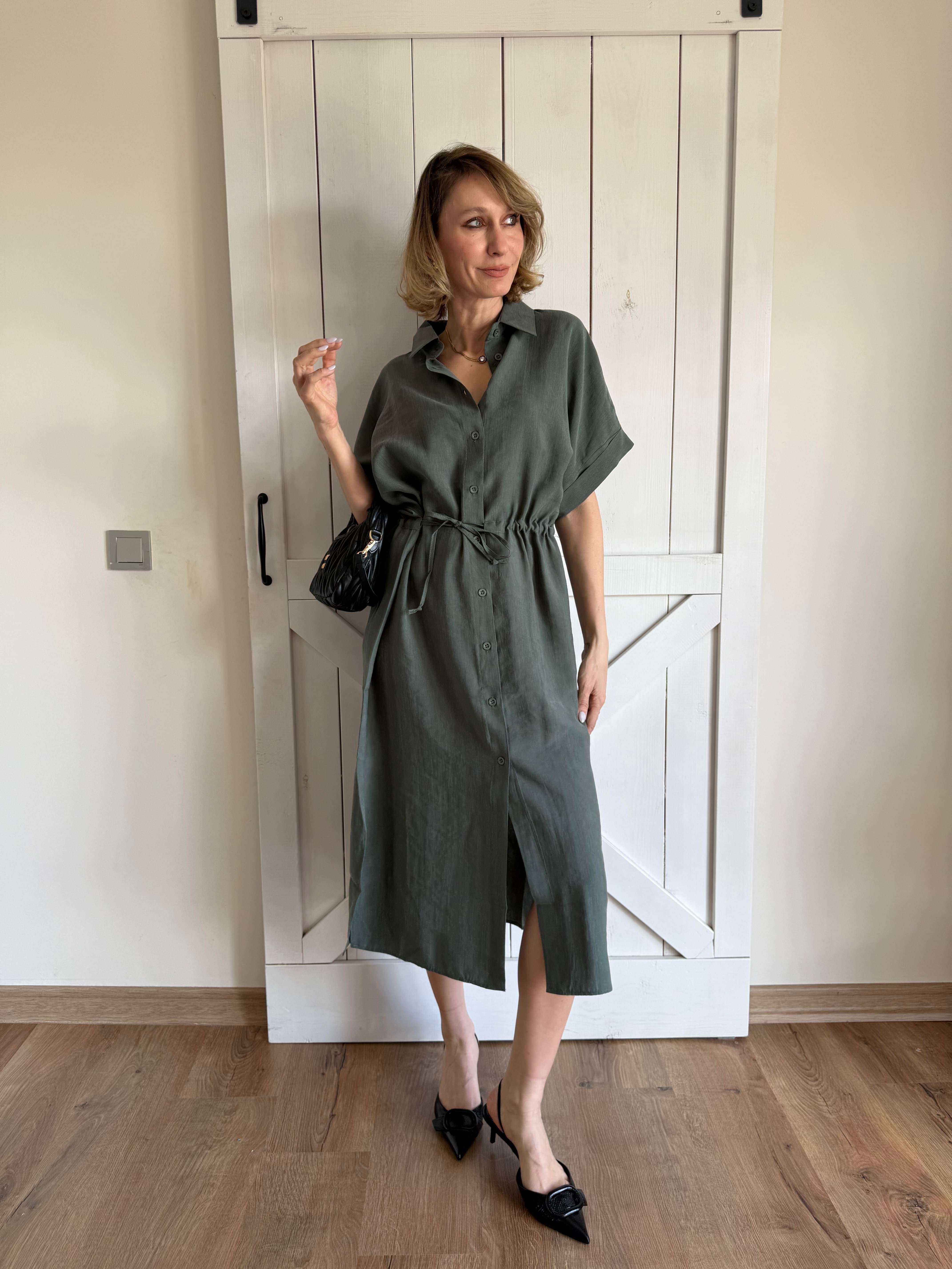 Belden Büzgü Detaylı Haki Elbise