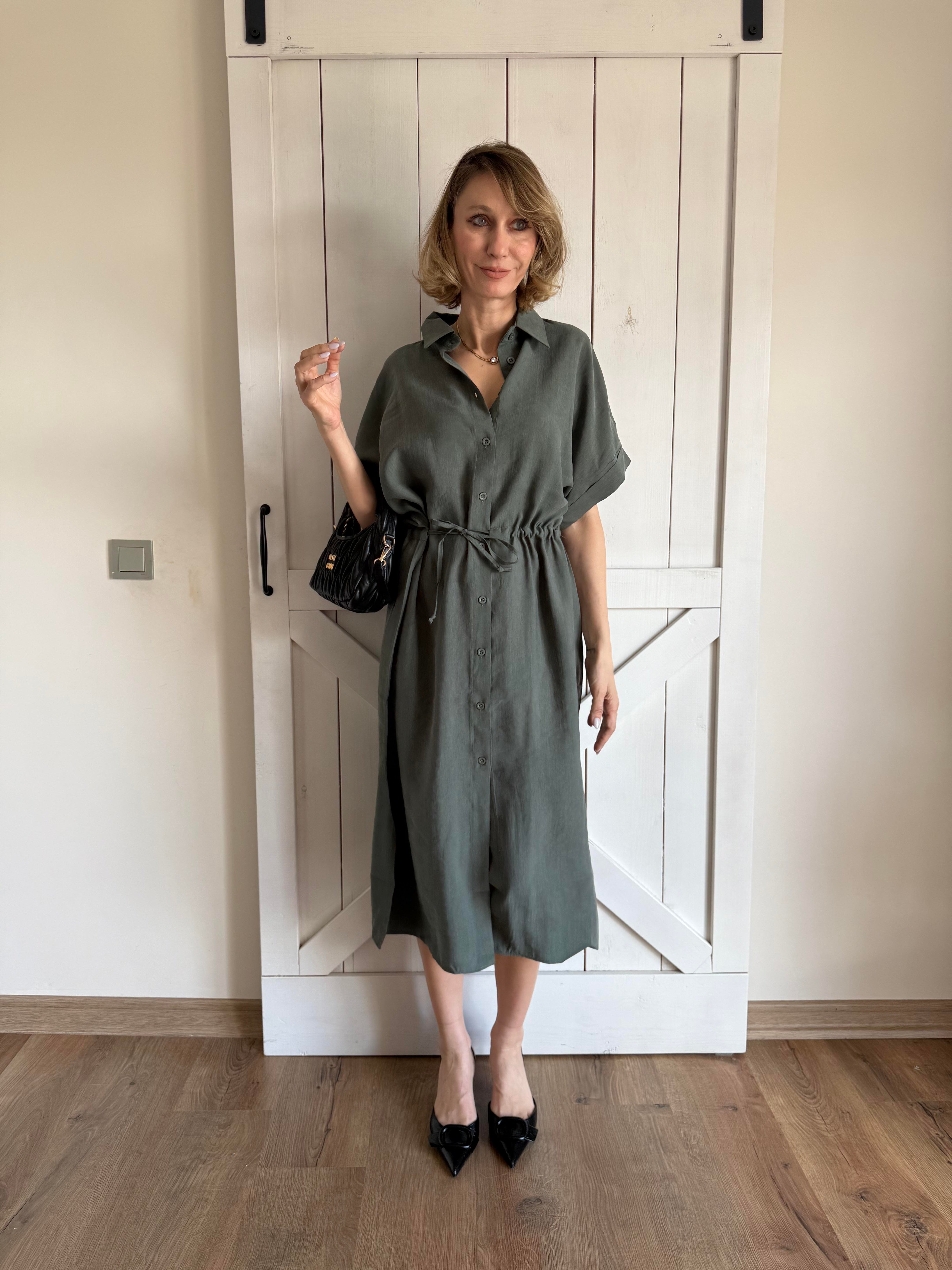 Belden Büzgü Detaylı Haki Elbise